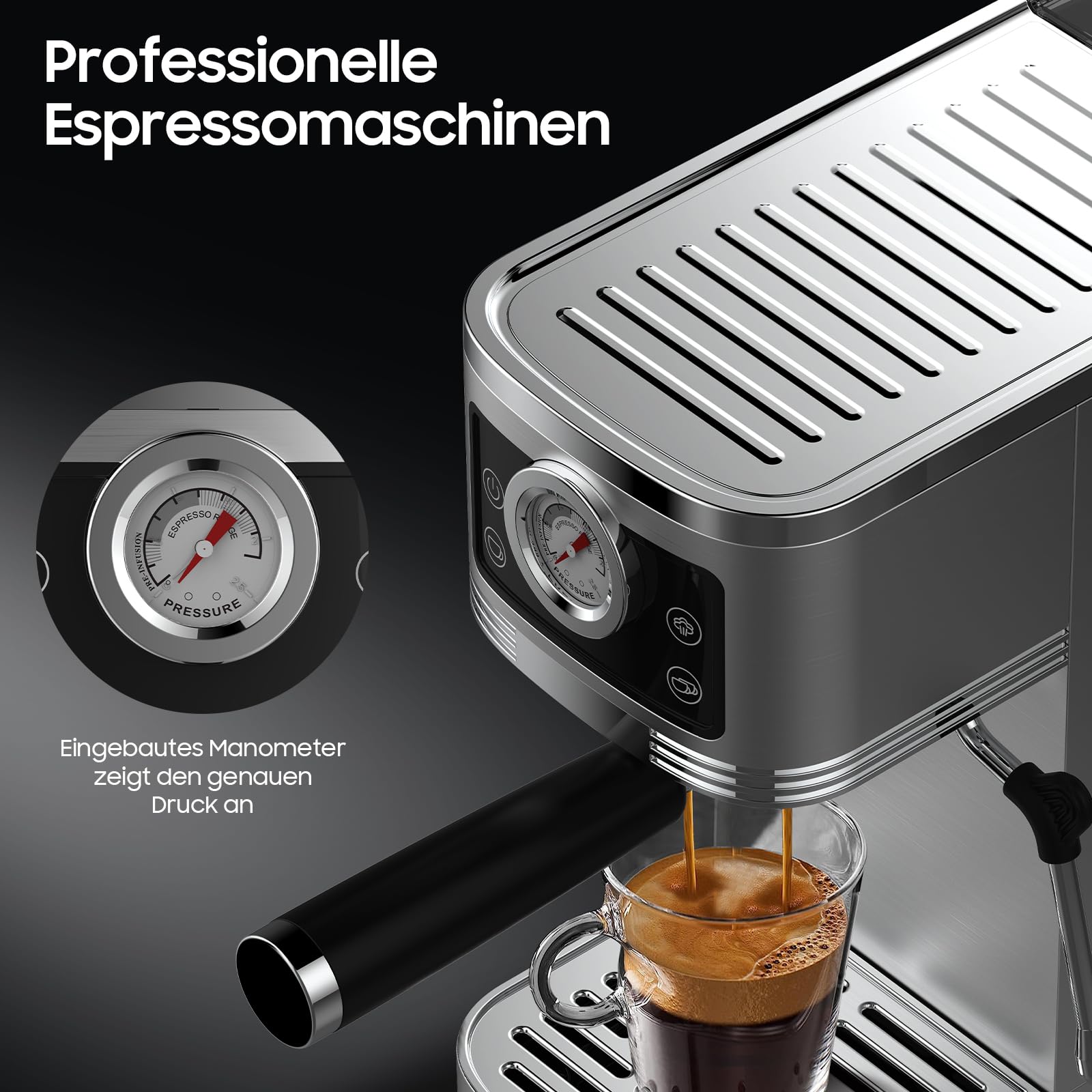 iceagle Espresso Siebträgermaschine 20-Bar Italienischer Pumpe | 1350W Espressomaschine Edelstahl mit Milchaufschäumer, Kaffeemaschine für Cappuccinoo, Touchscreen mit Druckanzeige, 1.3L Wassertank