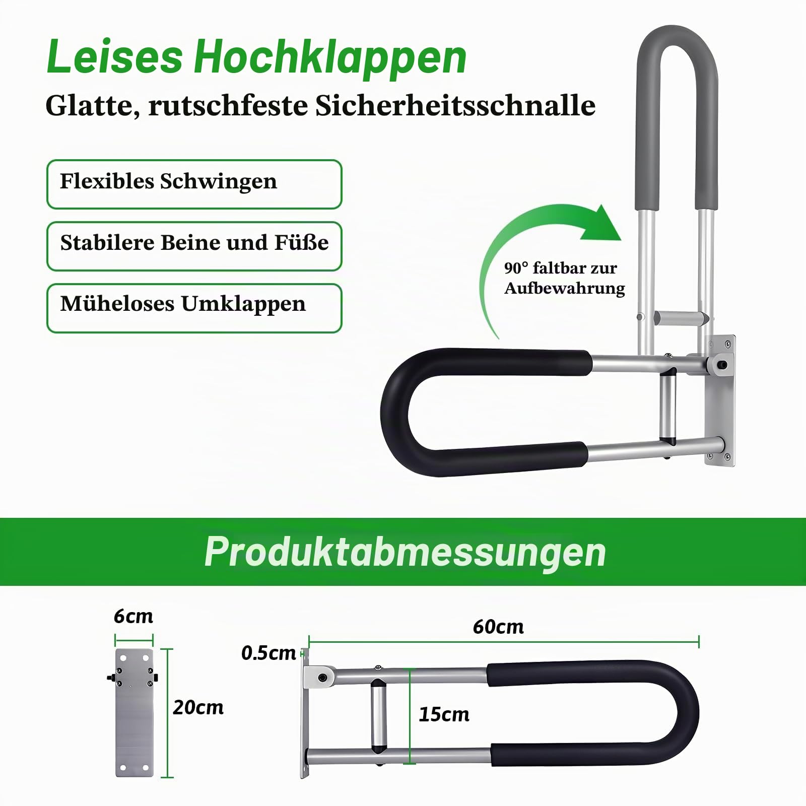 Haltegriff für Senioren, Klappbar Aufstehhilfe Toilette für Senioren | Behinderten WC Haltegriff 60CM, Rutschfest Handläufe für Die Toilettenpflege, Toilettenhaltegriff mit Tragfähigkeit 120KG