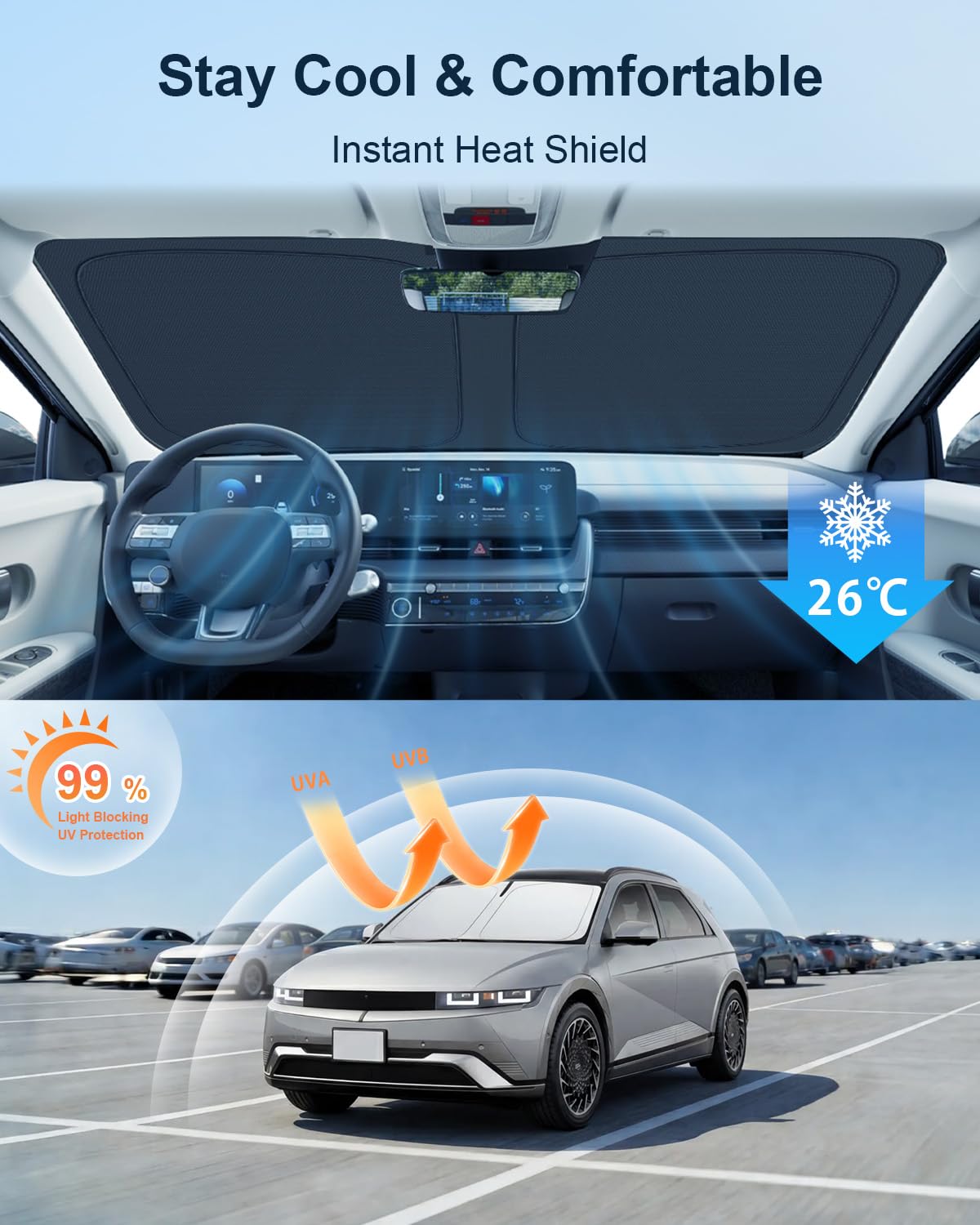 BIXUAN Osłona przeciwsłoneczna na przednią szybę, kompatybilna z Hyundai Ioniq 5 2022-2025 2026, osłona przeciwsłoneczna na przednią szybę, składany parasol przeciwsłoneczny z ochroną przed