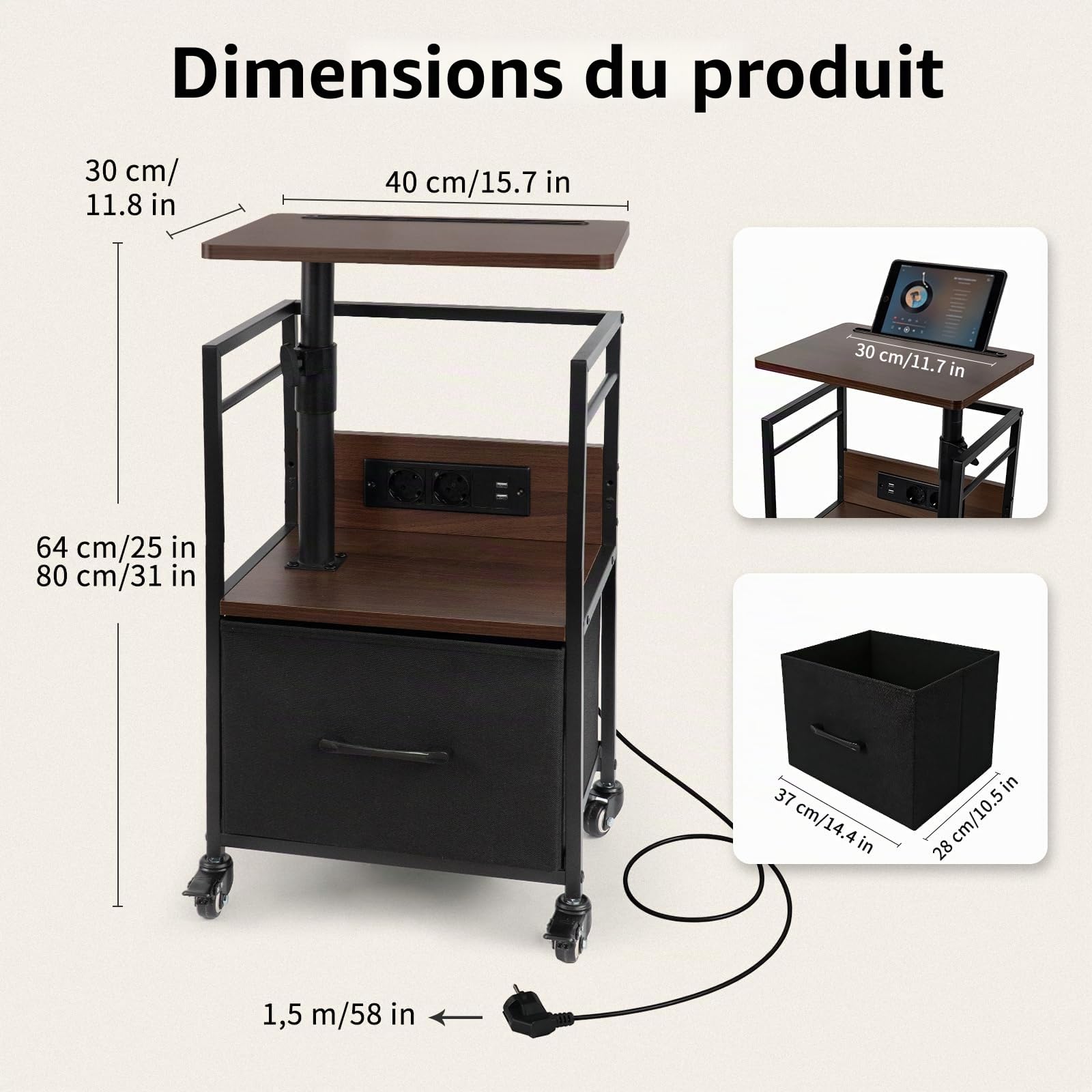 Table de Chevet Connectée à roulettes avec Plateau Pivotant 360° Hauteur Réglable 64-80 cm Prises Intégrées 2AC 220V 2USB 5V 2,1A Grand Rangement Colonne Renforcée Finition Noyer Chaud