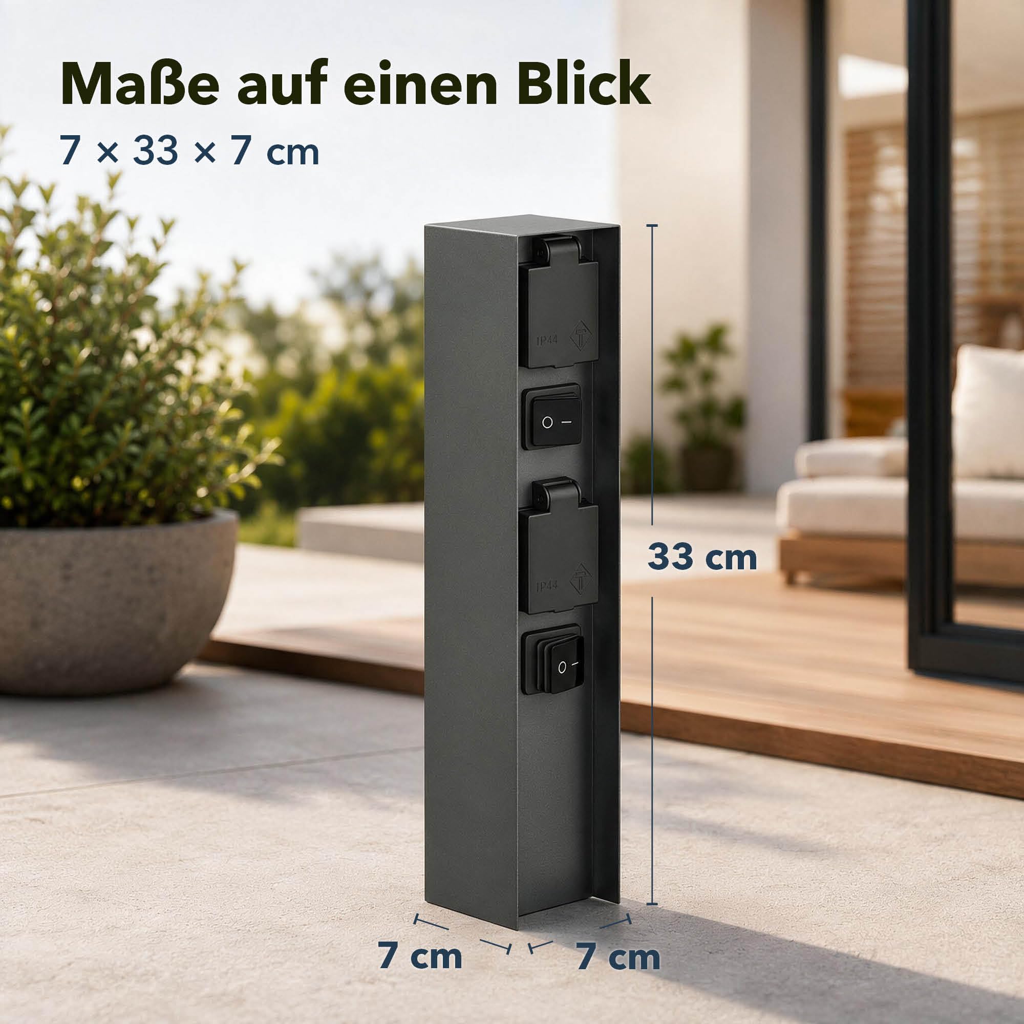 ledscom.de Colonnina con 3 prese da giardino POMI per esterni con interruttore, IP44, a 2 prese, acciaio inossidabile, antracite, squadrata, 33 cm