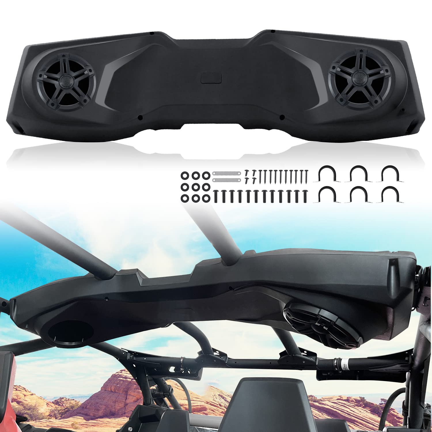 CUSAUTV MTX Central Roof Speakers Pods Compatible with Can Am Maverick X3 Max Accessiories Overhead Speaker Stereo System Black Top Speaker Mount