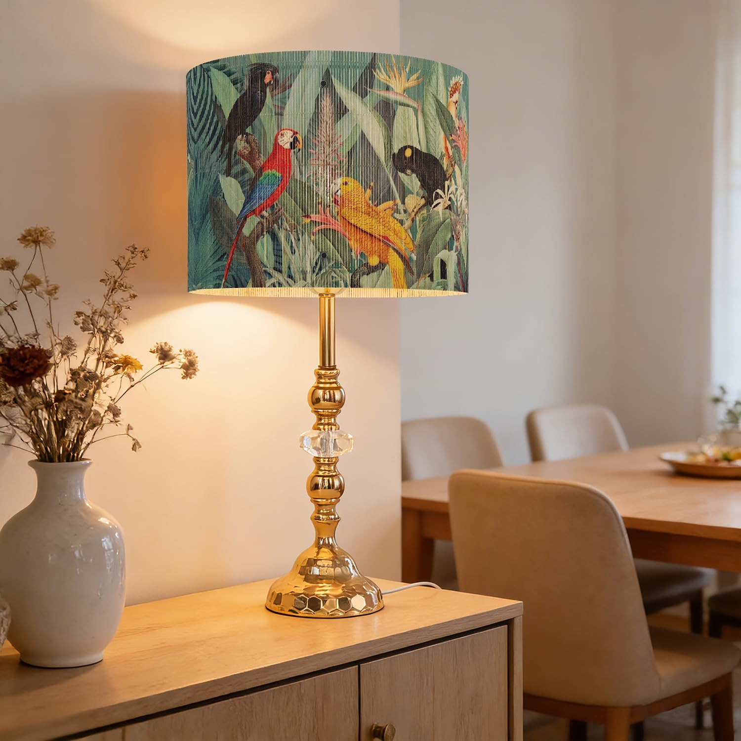 Vintage Bamboo Lamp Shade with Birds and Floral Design, Cylindrical Shape, 30x23cm, Compatible with Table and Floor Lamps (Art Deco E)