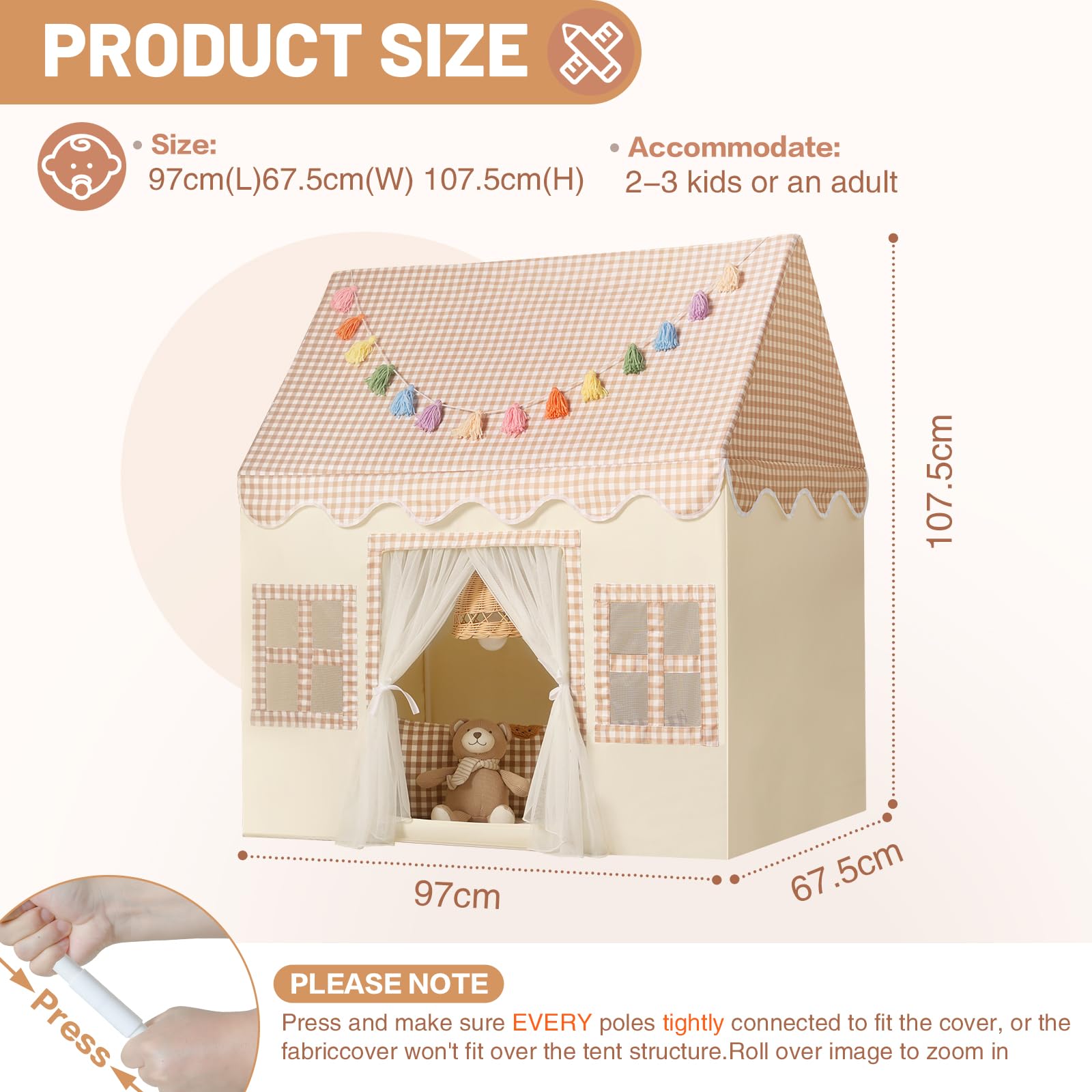 Wilwolfer Kids Play Tents Indoor: Princess PlayHouse with Brown Checkered & Padded Mat & Colorful Tassel Garland - Image 3