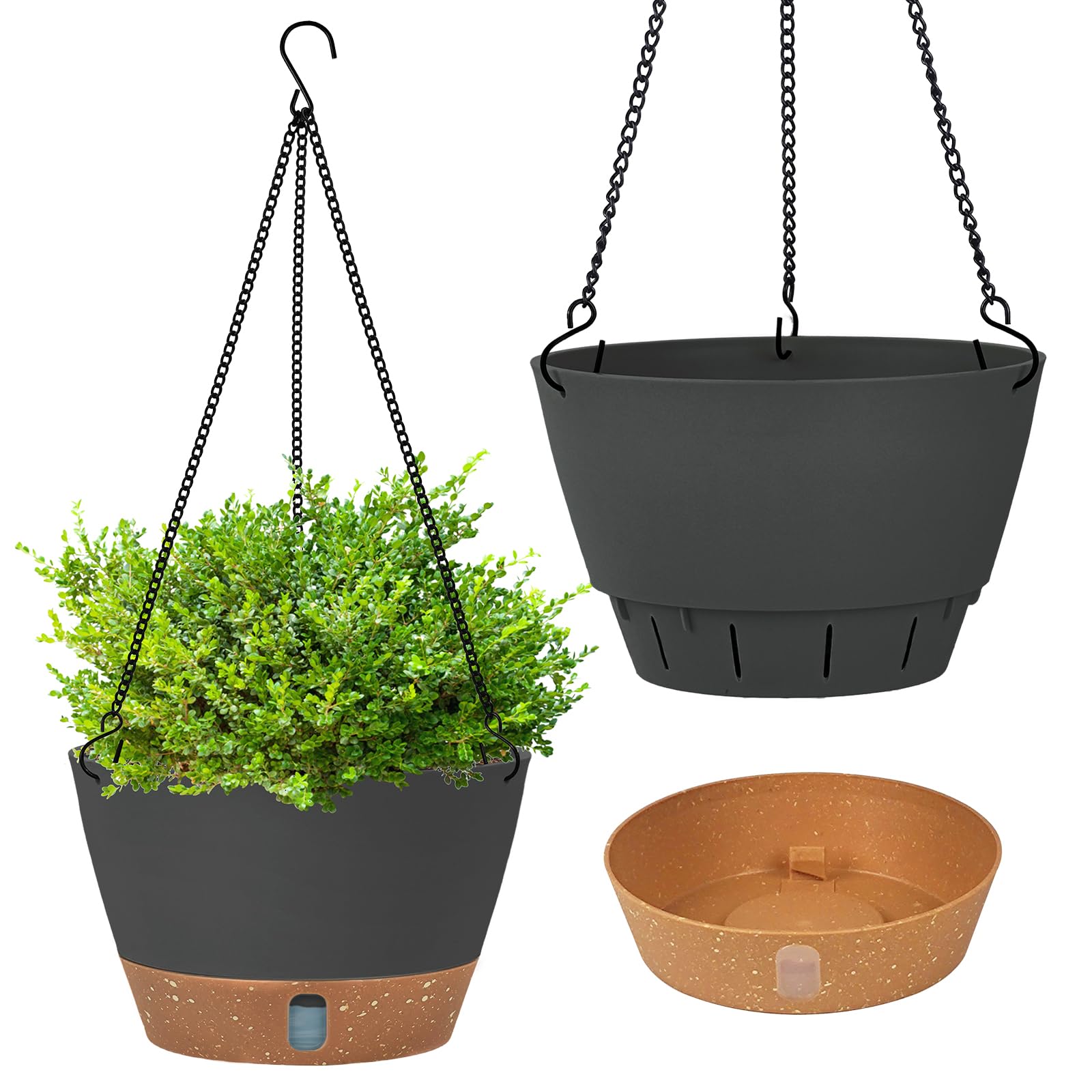 Evoio 25cm Hanging Plant Pots Self Watering Hanging Flower Pots Hanging Planters with Visible Water Level Tray Drainage Holes Removable Tray for Indoor Outdoor Plants (Set of 2, Dark Grey)