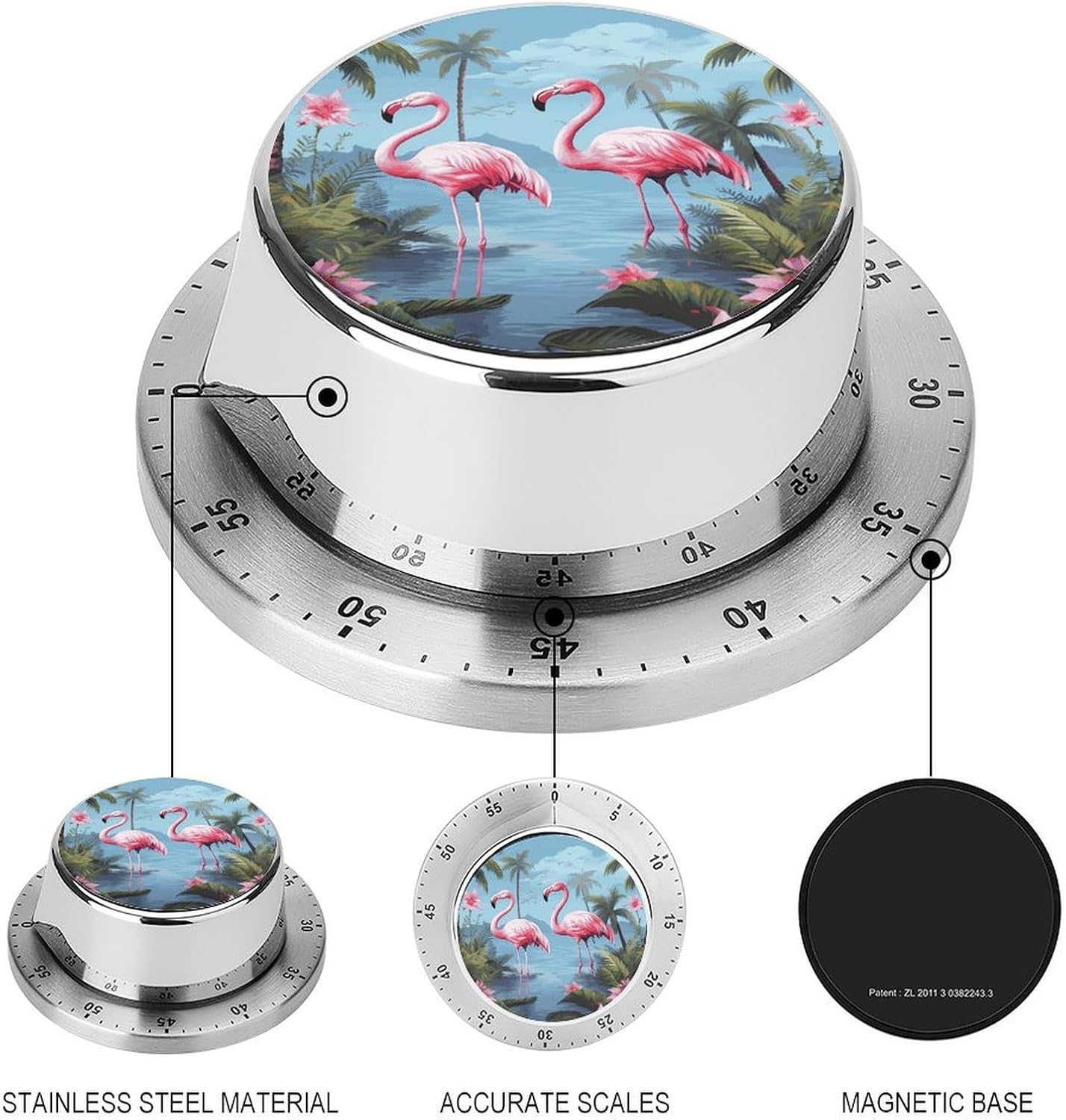 Tropical Flamingos Timer Magnetic Backing 100% Mechanical Desk Timers Wind Up 60 Minutes Manual Countdown Timers No Batteries Required Kitchen Timer for Cooking