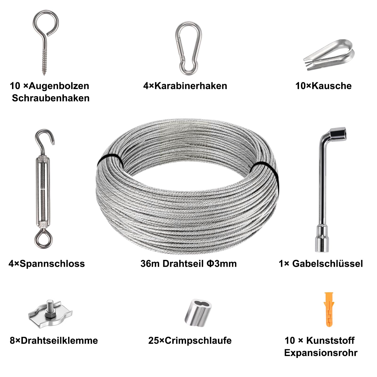 Philtool 73Pcs Drahtseil Kit, 36M Edelstahl Drahtseil 3mm, 304 Stahlseil Ummantelt mit Ösen Seilspanngarnitur für Kabeldraht, Spanndraht, Wäscheleinen, Gardinenseil, Zäunen, Außenbeleuchtung