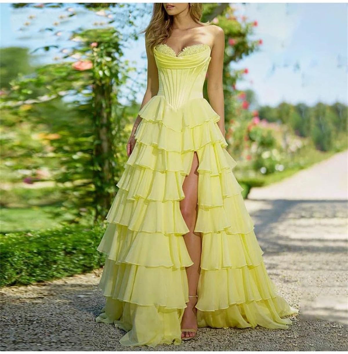 Women's Romantic Ruffled Patchwork Dress - Strapless Sleeveless High Waist Party Gown
