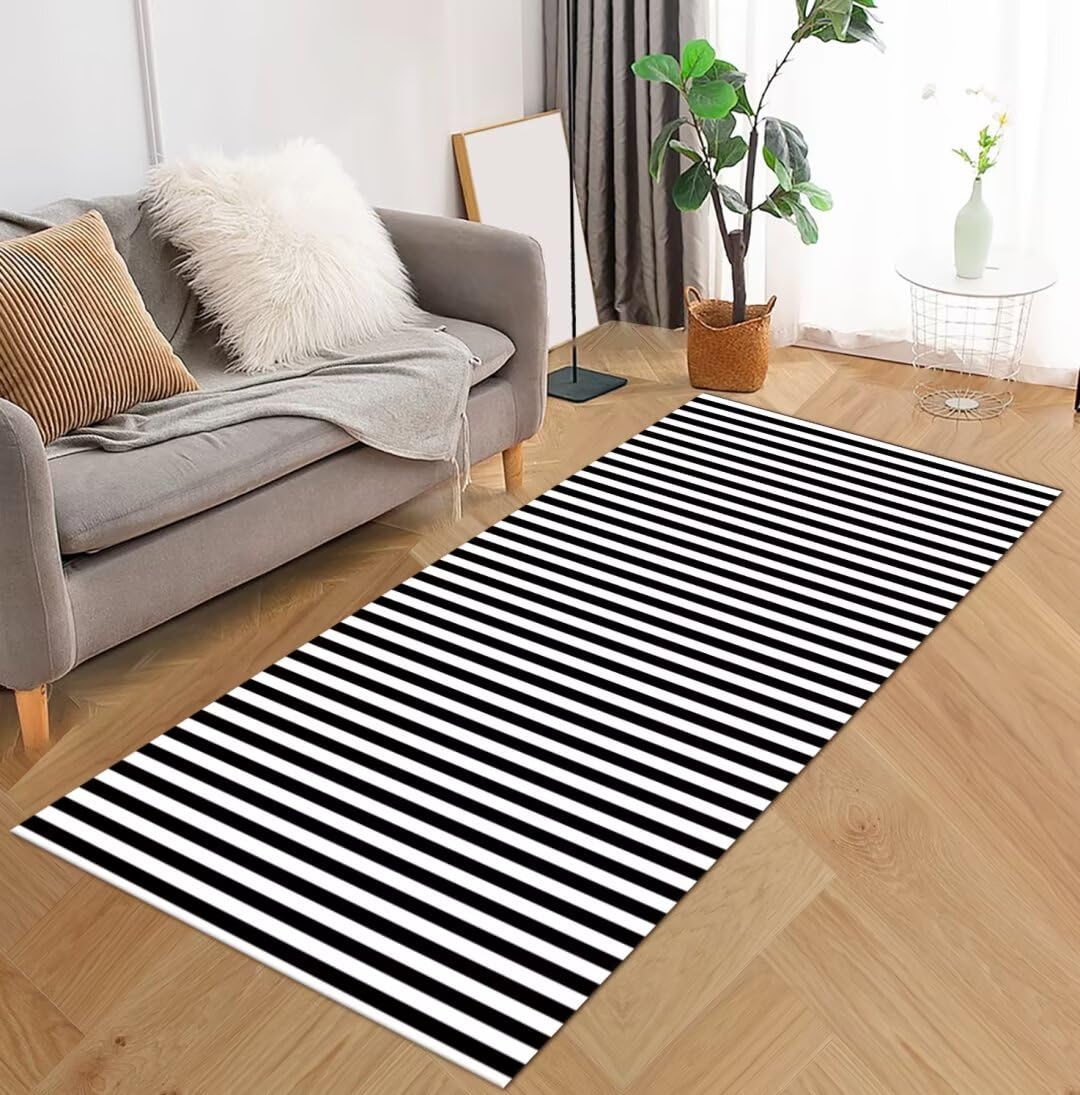 Läufer Flur Küche Waschbar rutschfest 100x200cm Modern Gestreift Schwarz Weiß Lang Küchenteppich Flurteppich Teppich Fur Korridor Wohnzimmer Schlafzimmer Meterware Anpassbar
