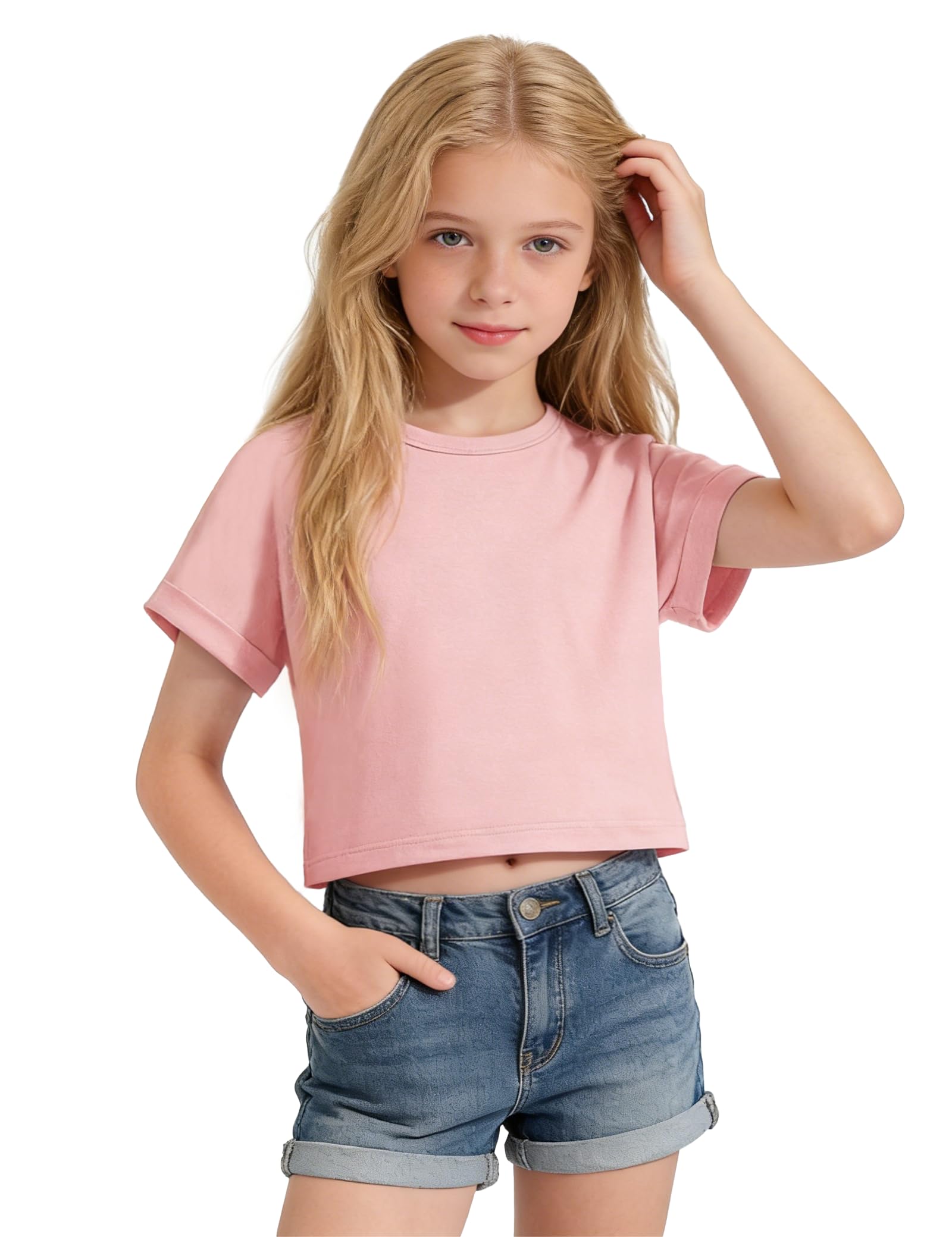 Girls Crop Tops Short Sleeve T-Shirts for Girl Crew-Neck Basic Tee Size 7-14 Years