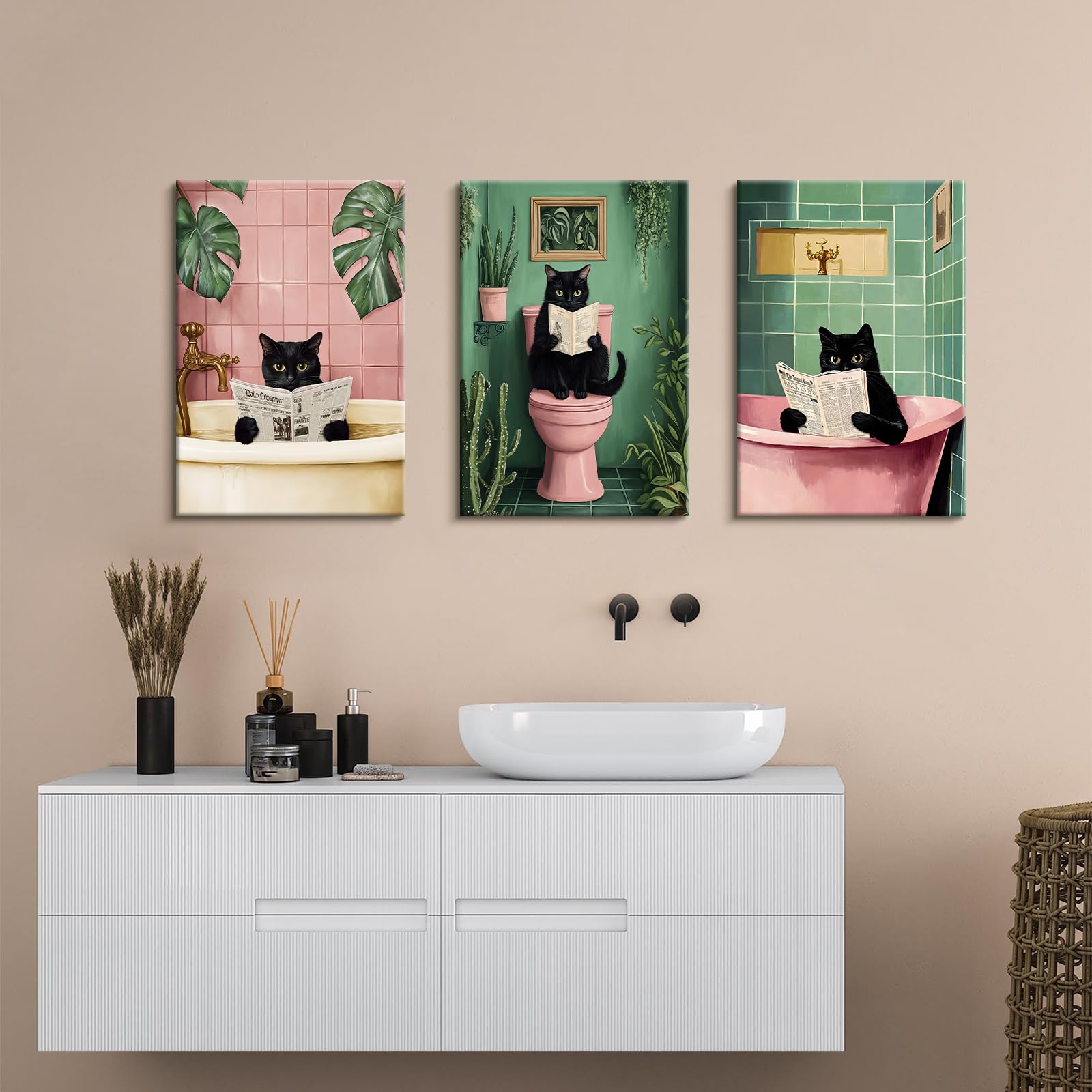 HALFLEMART 3 Pcs Wooden Framed Canvas Wall Art Funny Black Cat Canvas Prints Pink Green Plants Kitten Cat Bathing Painting Animals Humor Pictures Bathroom Toilet Bathtub Wall Decor 40x60 cm x3pcs - Image 3