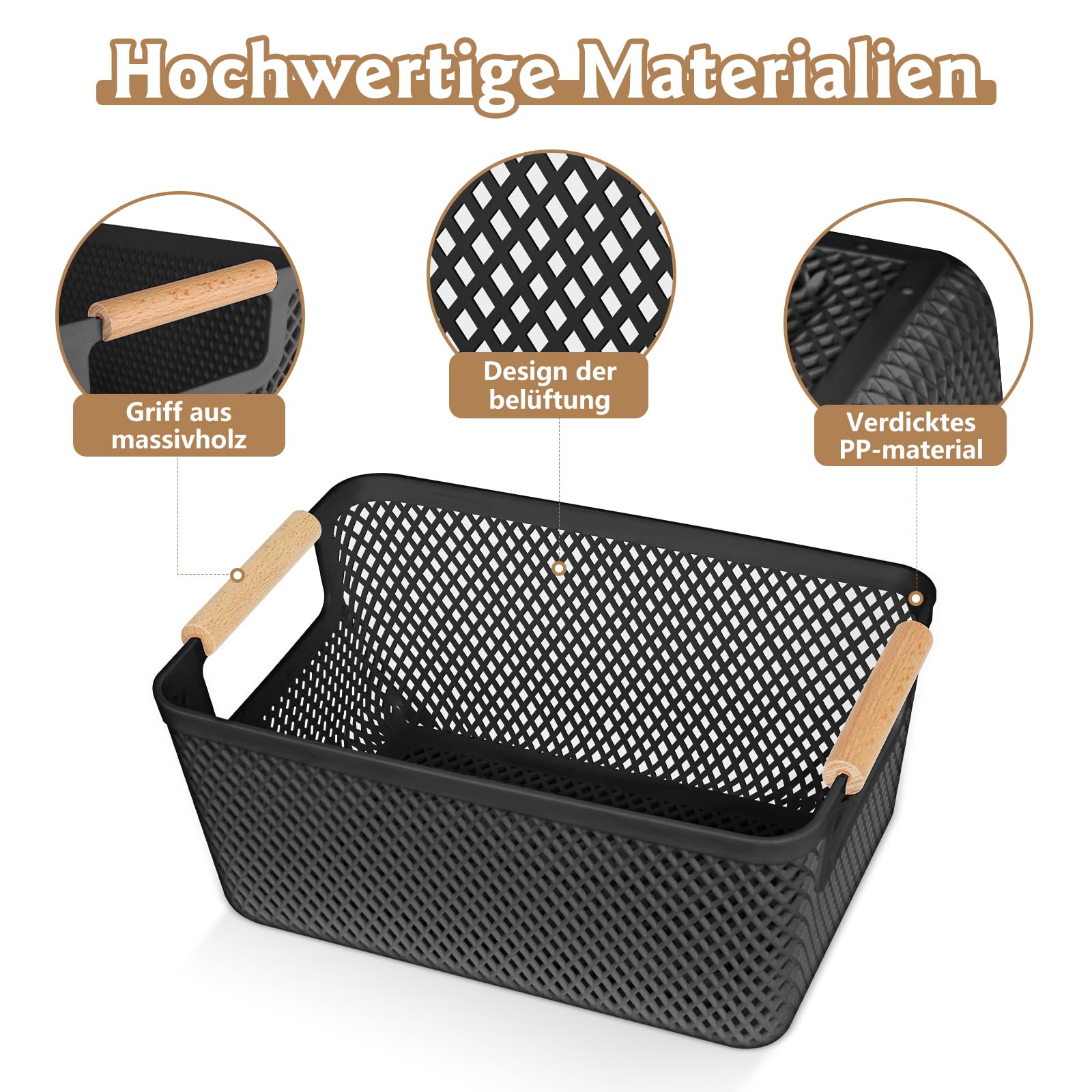 Set di 6 contenitori (3 grandi 35 x 22,5 x 16,2 cm + 3 medie 30 x 20,4 x 14,2 cm) – Cesto portaoggetti da cucina senza coperchio in plastica traspirante con manici in legno per bagno