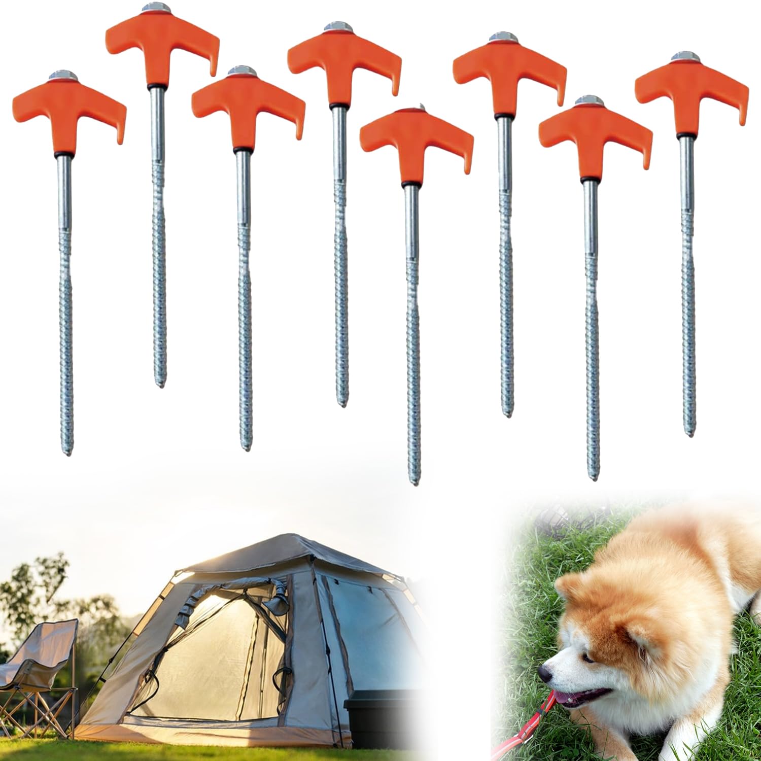 8" Screw in Tent Stakes Heavy Duty, Ground Anchors Screw in, Metal Threaded Tent Spikes, Tent Pegs Camping Stakes, Tent Stakes for Trampoline Tent Canopy Dog Anchors Outdoor Camping (8PCS, Orange)