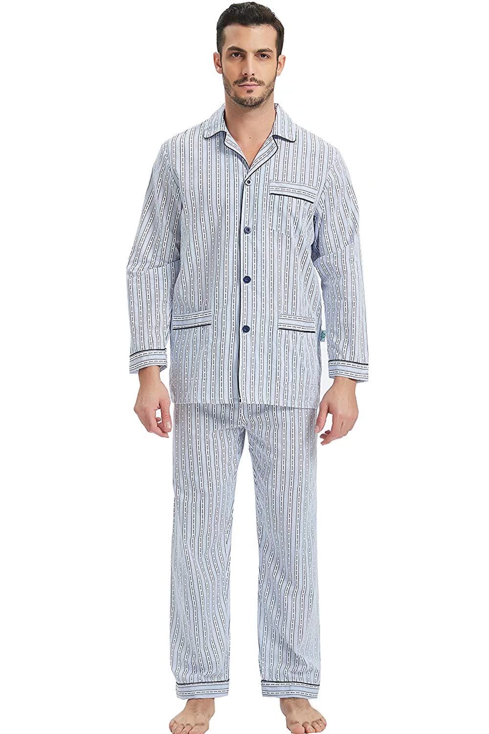 GLOBAL Pigiama Uomo 100% Cotone Biancheria da notte Manica Lunga con Bottoni Coulisse Traspirante Set Pigiama Uomo Vestiti Sopra e Giù S-3XL