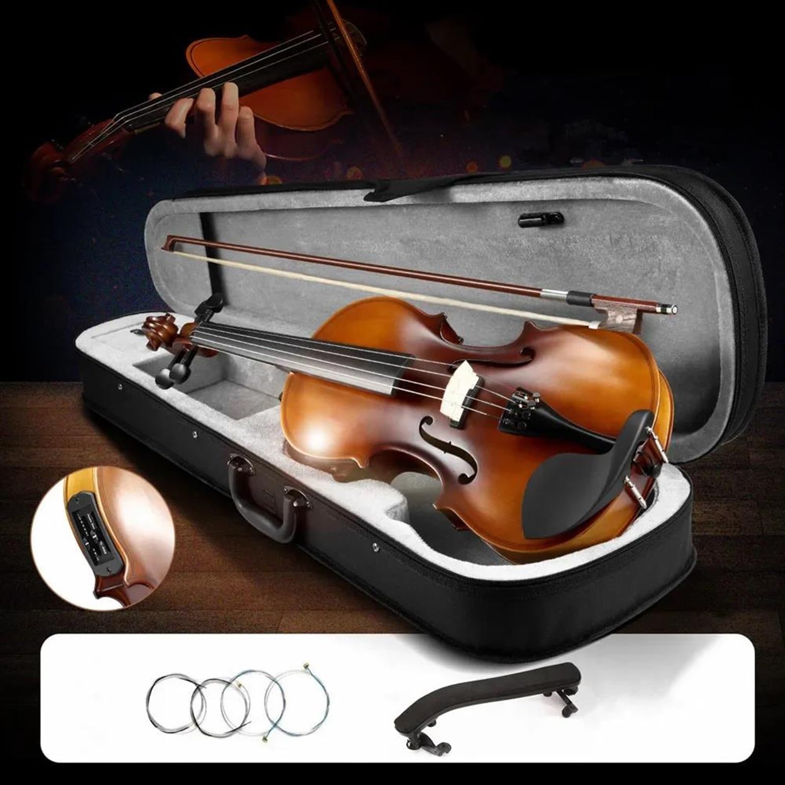 Violine Anfänger-Starter-Set Für Elektrische Violine Aus Massiver Fichte Mit Schwarzem Etui Bogen Und Schulterstütze(1/4)