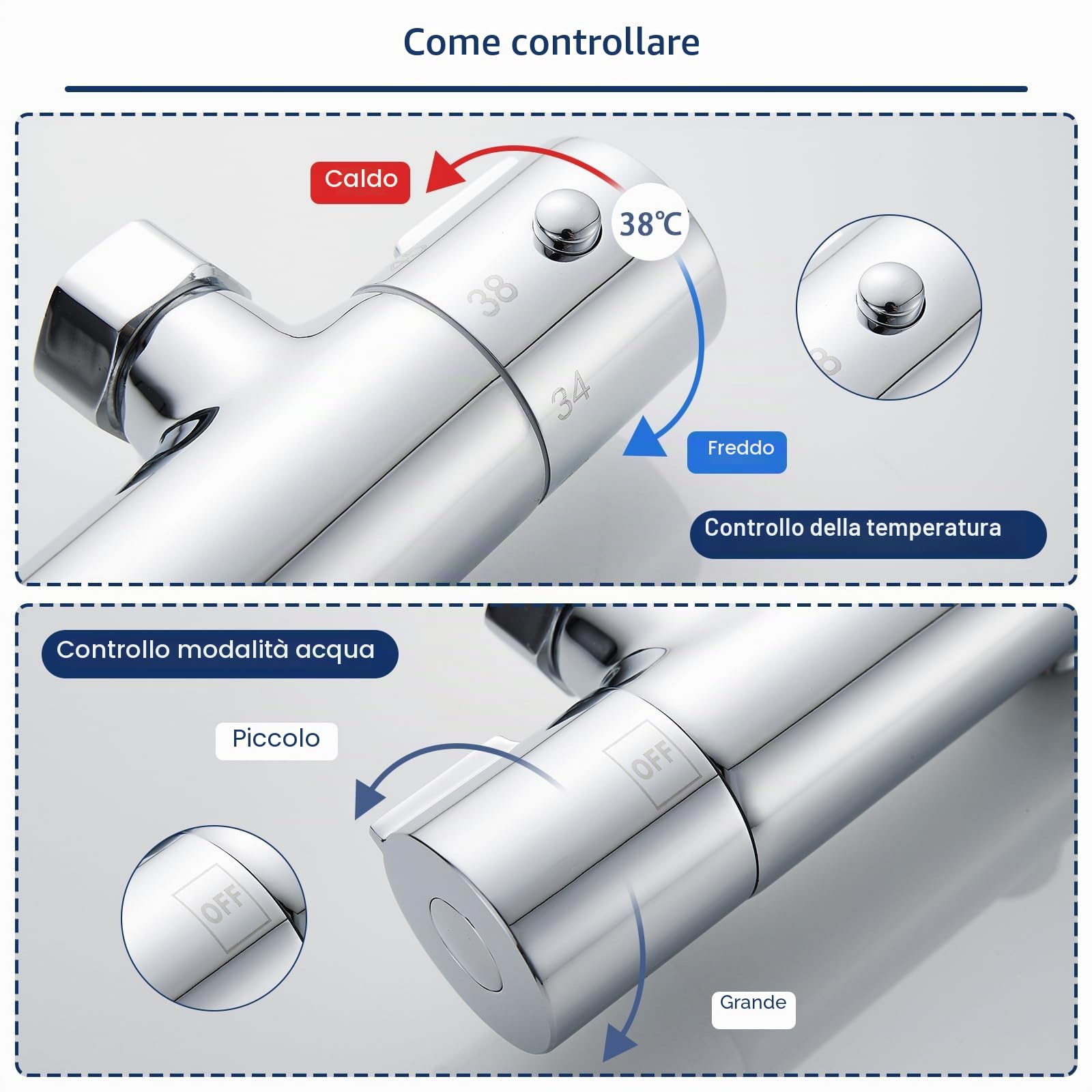 Rubinetto per doccia con termostato, 2 prese, miscelatore, superiore a 3/4 "BSP+" inferiore 1/2"BSP, pulsante di sicurezza a 38 °C, in ottone