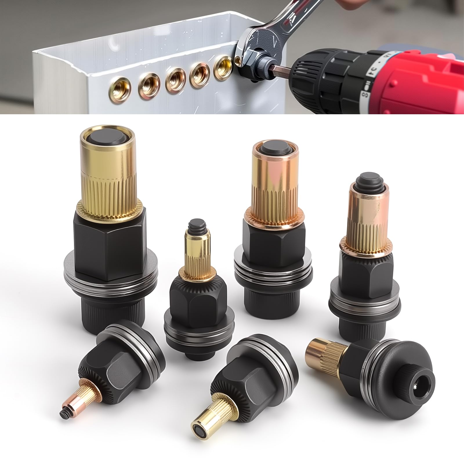 7 Piezas Remachadora de Tuercas Remachables, Remaches Roscados para M3 M4 M5 M6 M8 M10 M12 Remachadora Tuercas, Tuerca Remachable para Manual & Taladro Cabezal Herramienta Remache