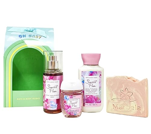Bath & Body Works Sweet Pea - Oh Baby Mini bolsa de regalo - Fragancia de niebla, loción corporal y gel de manos - con un jabón de muestra de sales