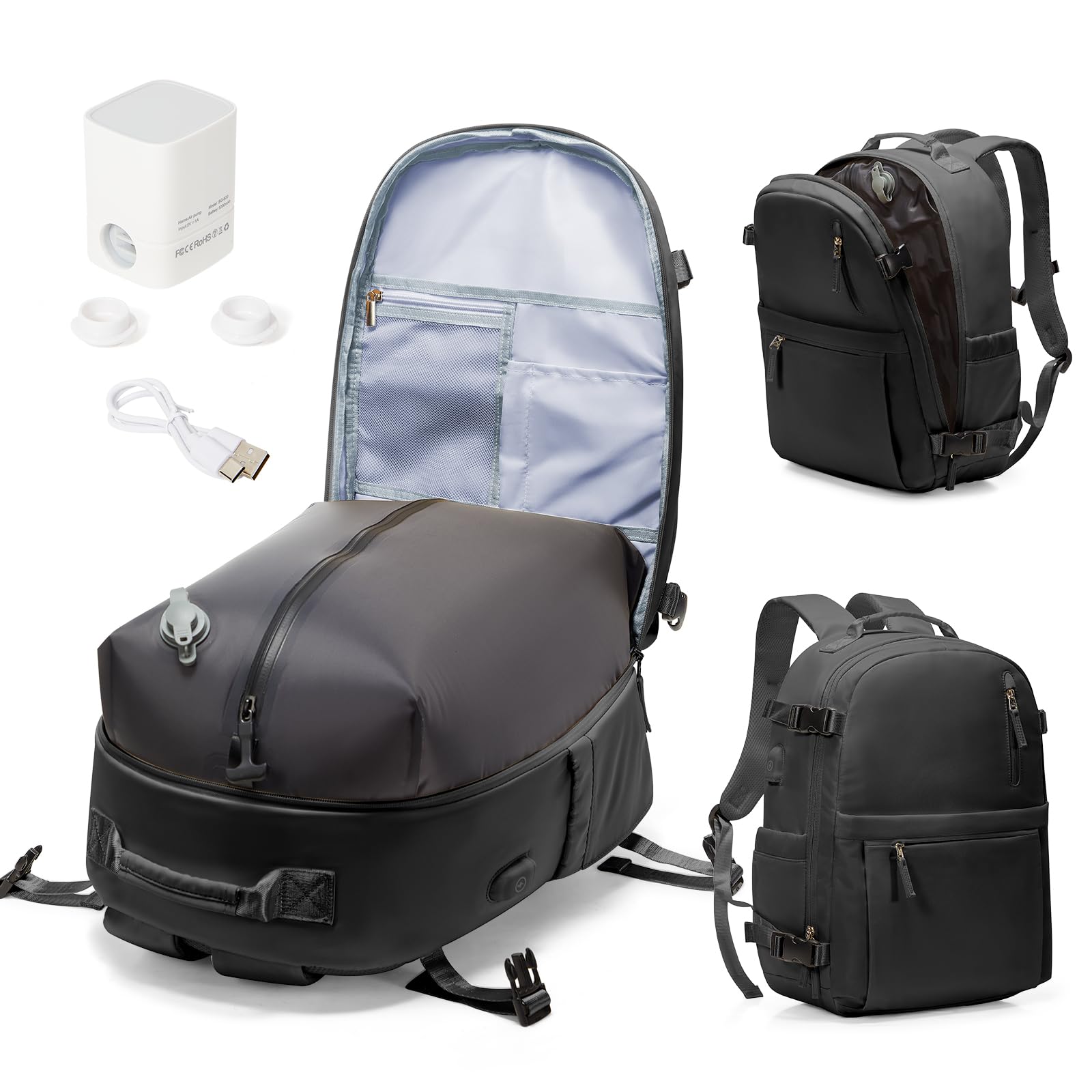 Sac à Dos Compression Sous Vide Avec Pompe,Noir Sac a Dos Voyage Cabine Avion Impermeable Sous Vide Femme Homme, Ryanair Bagage Cabine Easyjet Grande Capacité USB