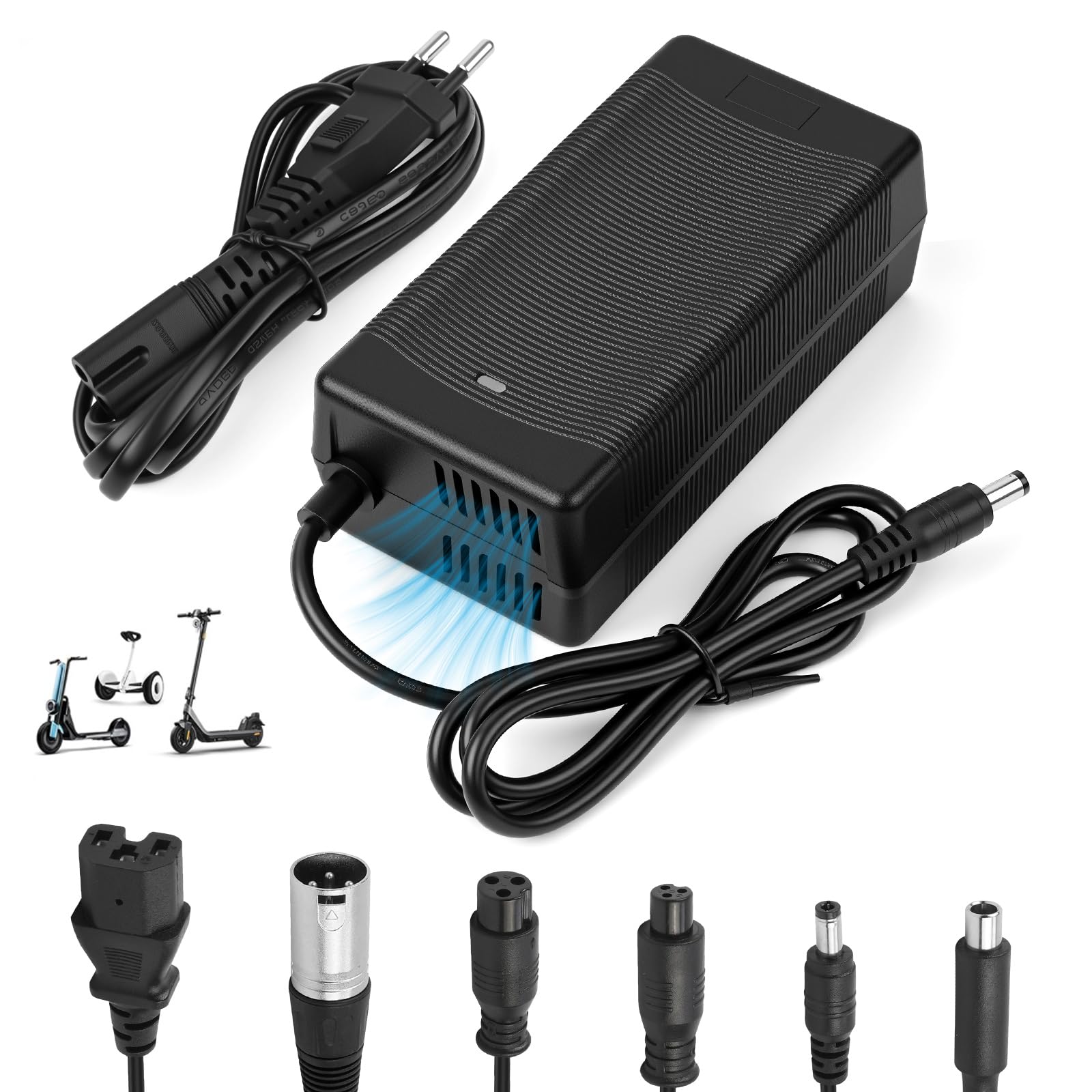 Pfloge Caricatore Monopattino Elettrico per Scooter, 54.6V 2A Caricatore Bici Elettrica con Ventilatore e 6 Connettori, Caricatore Hoverboard per Batteria Universale al Litio da 48 V