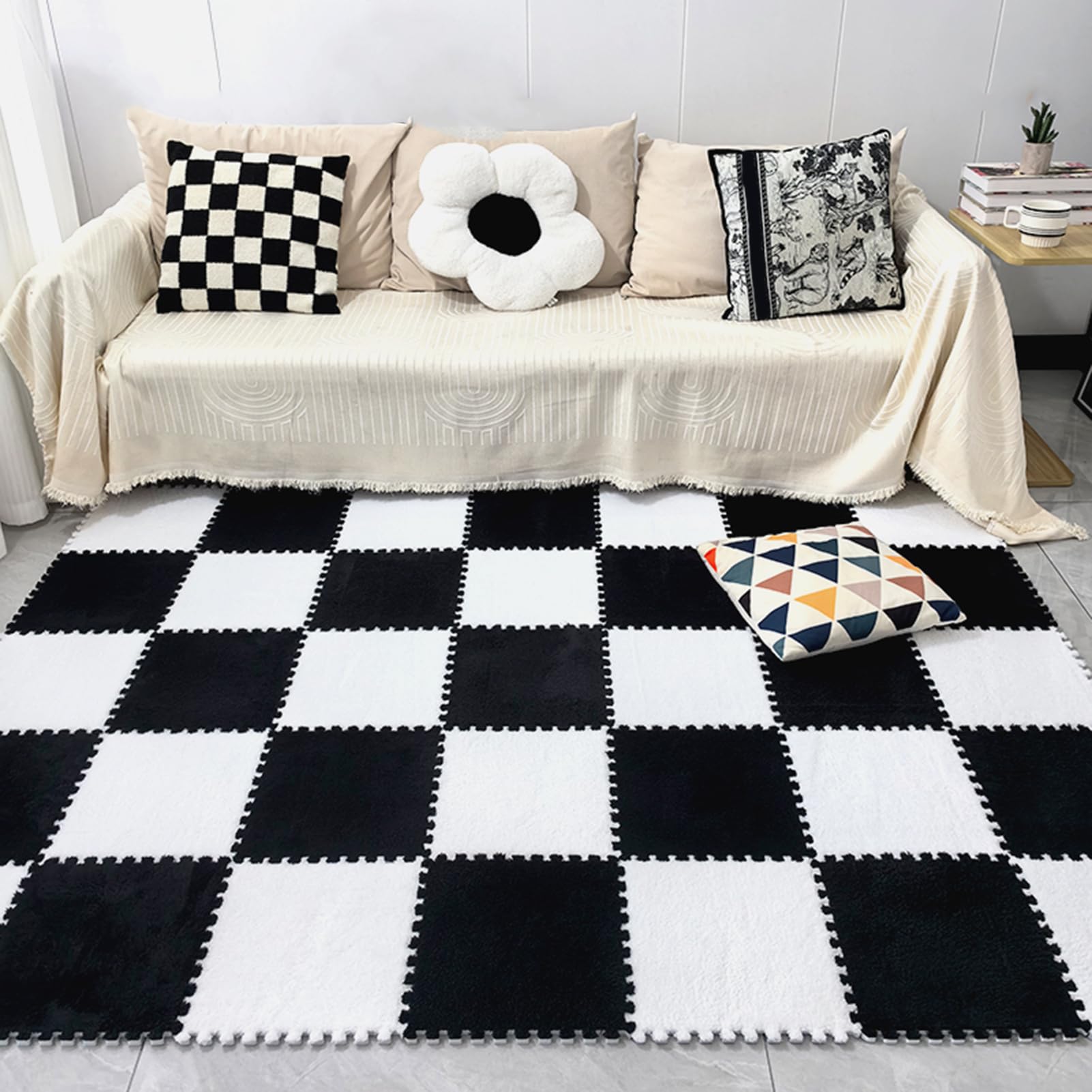 Pluszowe wędrówki, Mata podłogowa z pianki wzorem układanki 12x12 cali, wielokolorowa, opakowanie 16/20 szt(Black+white,20 Pcs)