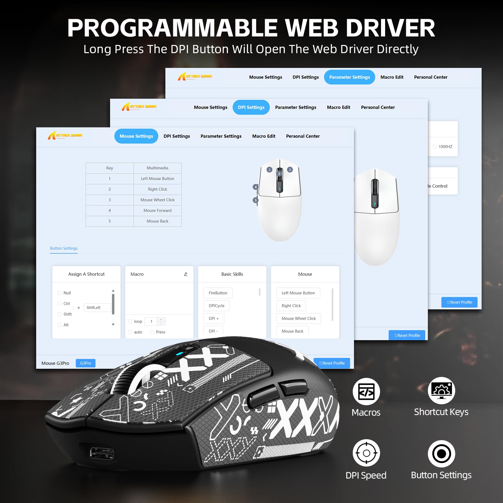ATTACK SHARK G3PRO Souris de Jeu sans Fil avec Station de Charge Magnétique, Capteur PixArt PAW3311, 25000 DPI, Bluetooth/2,4GHz/Filaire, 59g Ultra-légère Souris pour PC/Xbox/Mac-Noir et Ruban