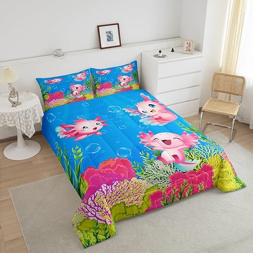Miniatura 3 de Juego de edredón de tamaño individual de ajolote para niñas, decoración de salamandra de dibujos animados para todas las estaciones, edredón de