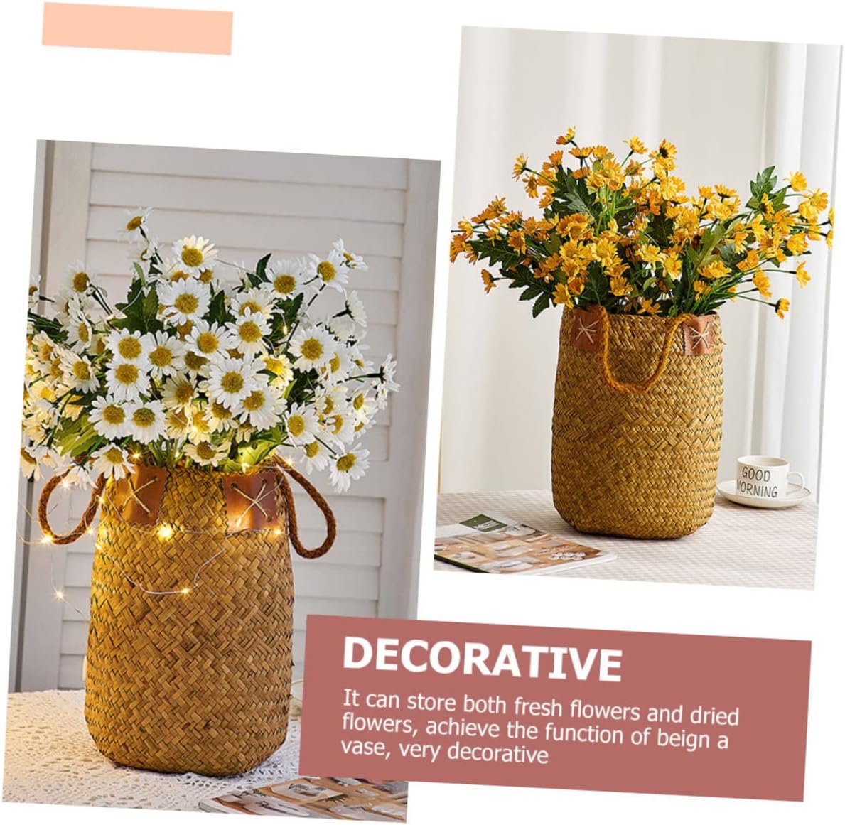 2pcs Artificial Flower Basket Handle Handcrafted Decorative Storage Basket for Living Bedroom