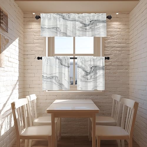 Miniatura 7 de BaoNews Cortinas opacas de mármol abstracto blanco y gris para ventanas, cenefas opacas de poliéster multicapa para cocina, paquete de 2 unidades,