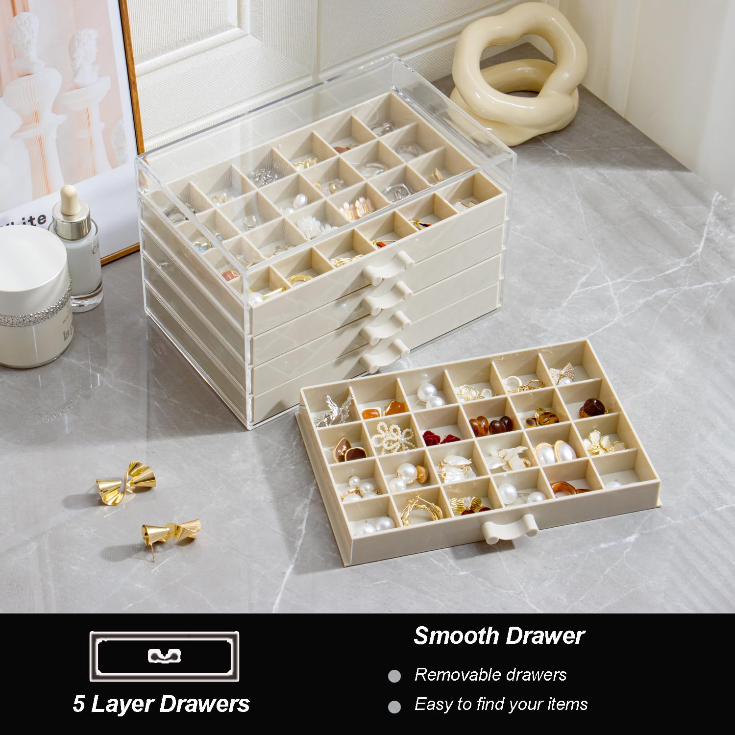Portagioie Acrilico Trasparente Con 5 Cassetti E 120 Scomparti | Organizer Per Orecchini, Anelli E Bracciali, Dimensioni 21,5x14,5x15 Cm