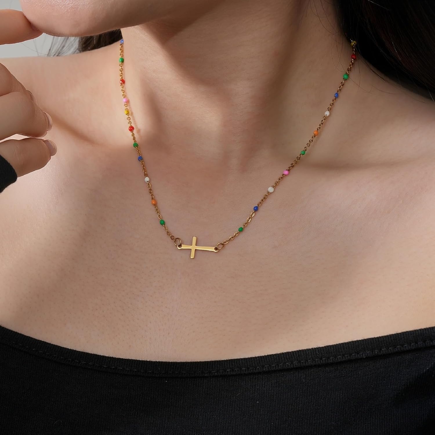 Cross Necklace for Women, 14K Gold Plated Minimalist Cross Necklace Dainty Small Pendant Choker with Colorful Beads, Adjustable, Religious Gift, Christian Jewelry Gift for Easter, Birthday - Image 3