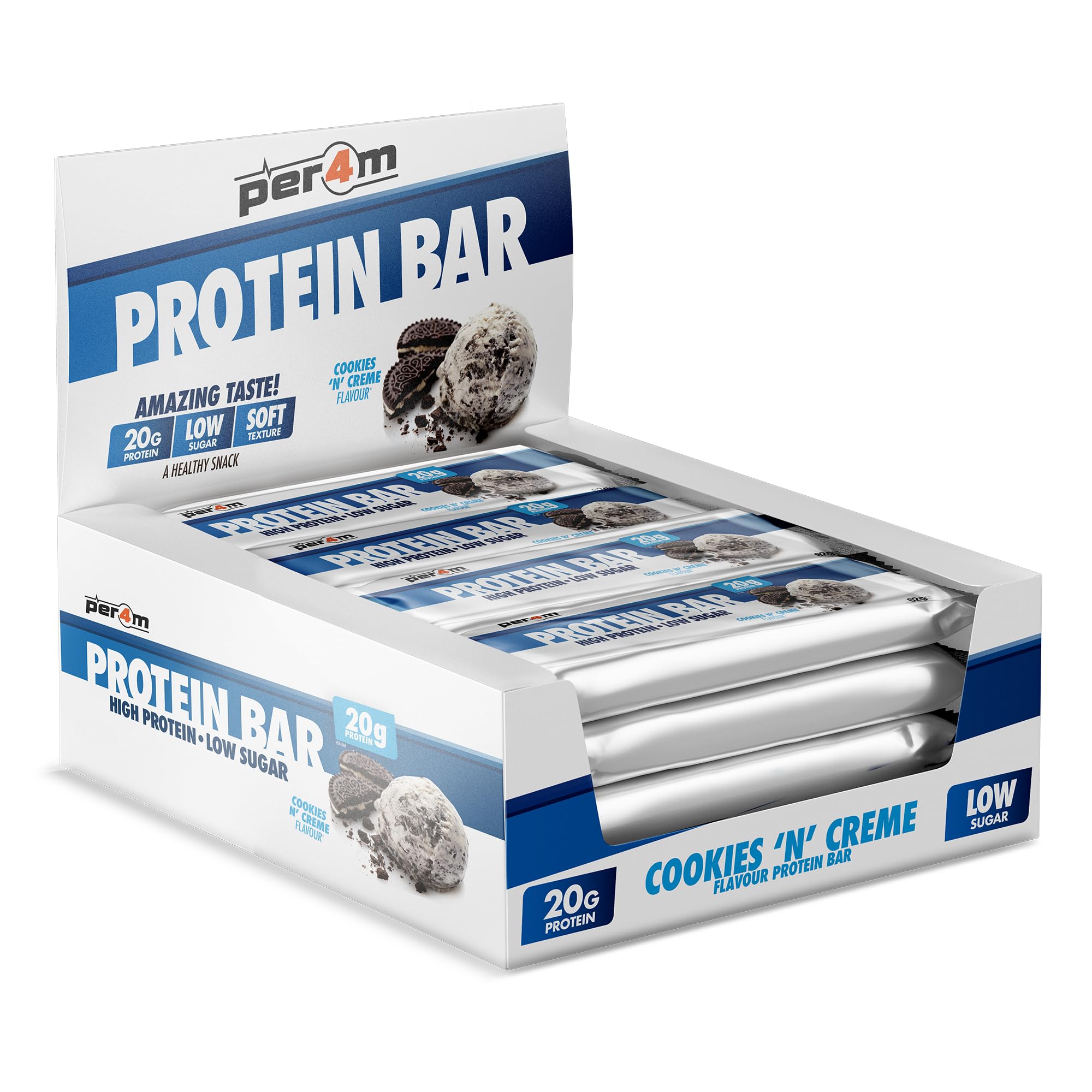 Per4m On-the-Go Protein Bar | High Protein, Low Sugar Bar with 20g Protein | Nutritional & Healthy Gym Snack Bar | Box of 12 x 62g (Box, Cookies N Creme)