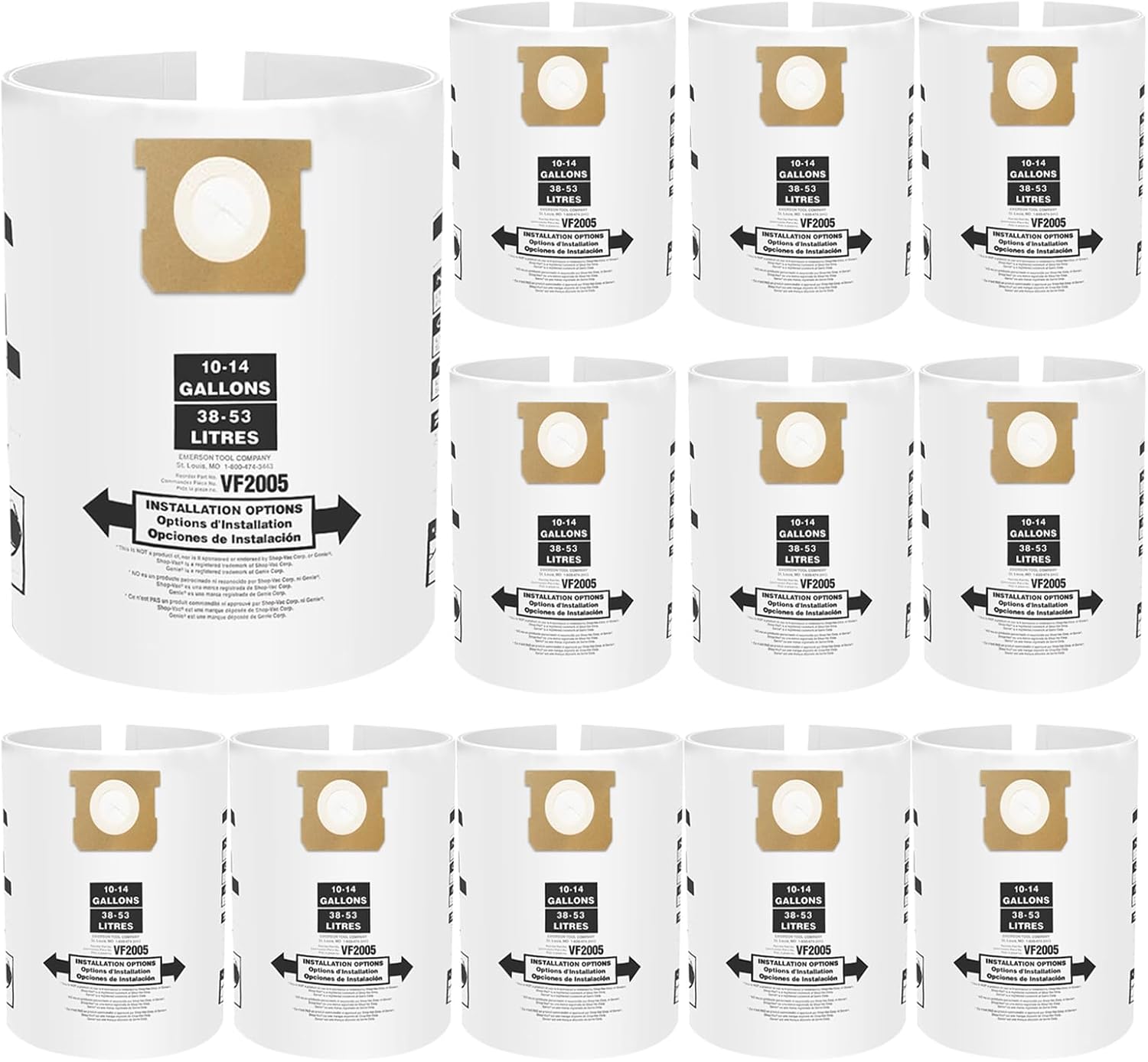 12 Pack VF2005 Vacuum Bags Compatible with Shop Vac Bags 10-14 Gallon, Type F 90662 9066200 ; Type I 90672 9067200,High Efficiency Disposable Fine Dust Collection Vacuum Filter Bags