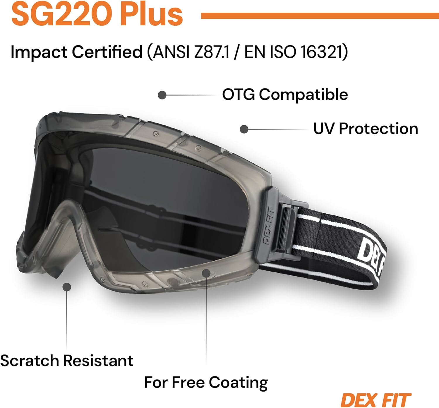 DEX FIT SG220 Plus Safety Goggles, Permanent Anti-Fog NK Coating, Scratch Resistant Z87.1 Eye Protection, Soft Seal OTG Fit for Lab & Chemical Splash; Smoke Tinted Lens, 1 PC