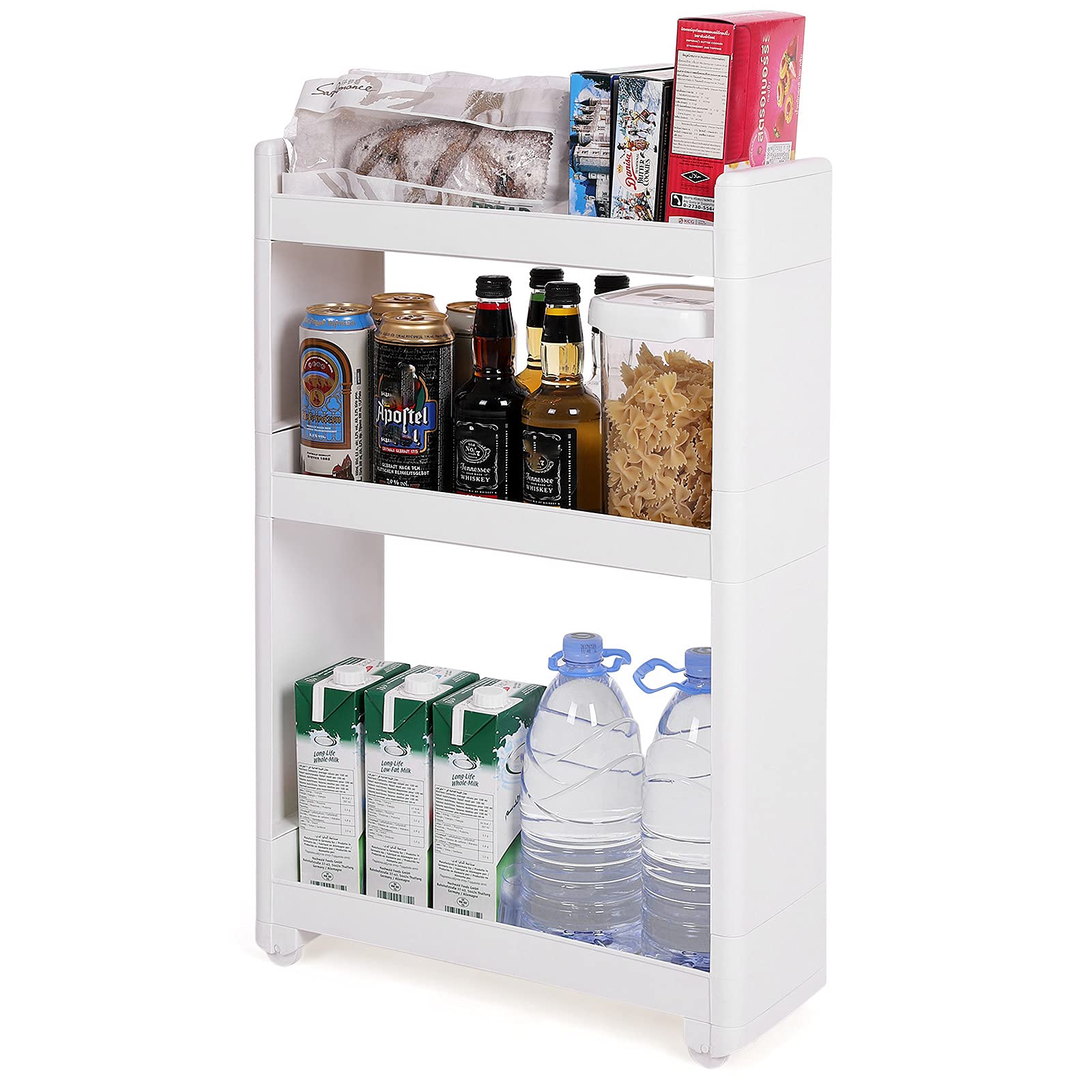 SONGMICS Étroit Chariot, Meuble de Rangement Mobile, Commode sur roulettes avec 3 Étagères, pour Cuisine, Salle de Bain, Garage, Largeur de 17 cm KFR09WT, Blanc