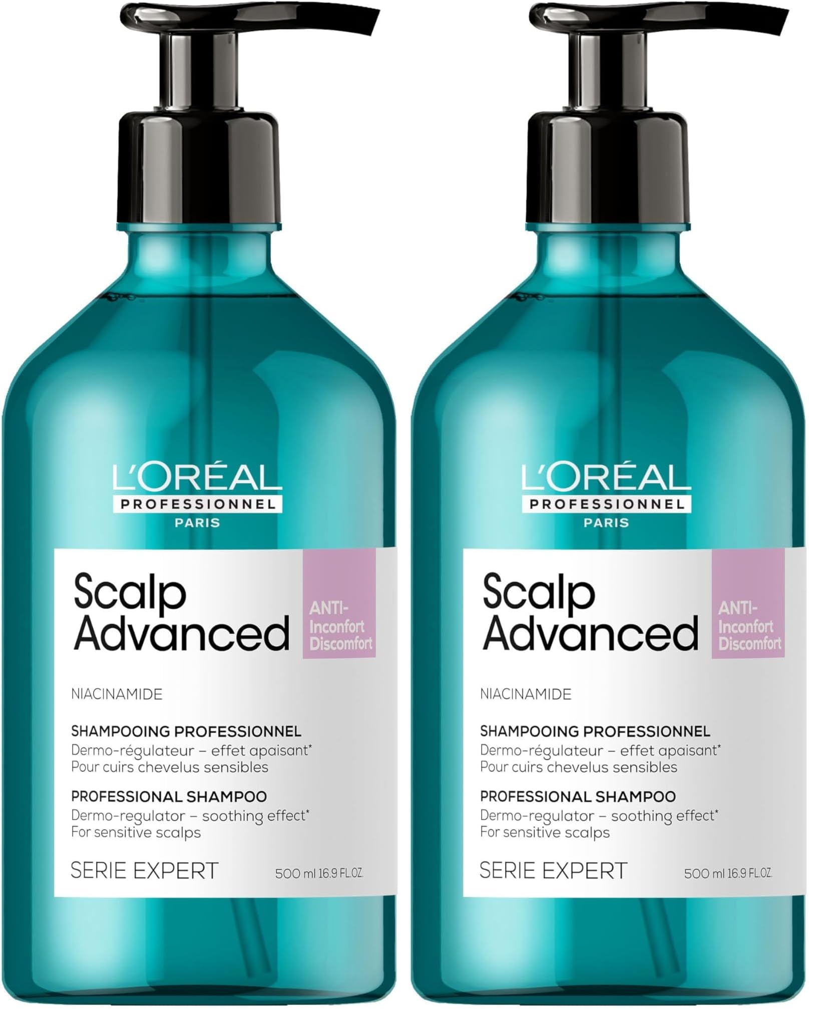 L’Oréal Professionnel, Champú Anti Malestar Enriquecido con Activos Dermatológicos para Cuero Cabelludo Sensible, Scalp Advanced, 500 ml (Paquete de 2)