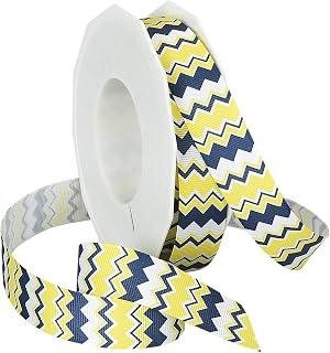 Morex Ribbon Chevron Printed Grosgrain Ribbon, 7/8-Inch by 20-Yard Spool, Navy/Lemon