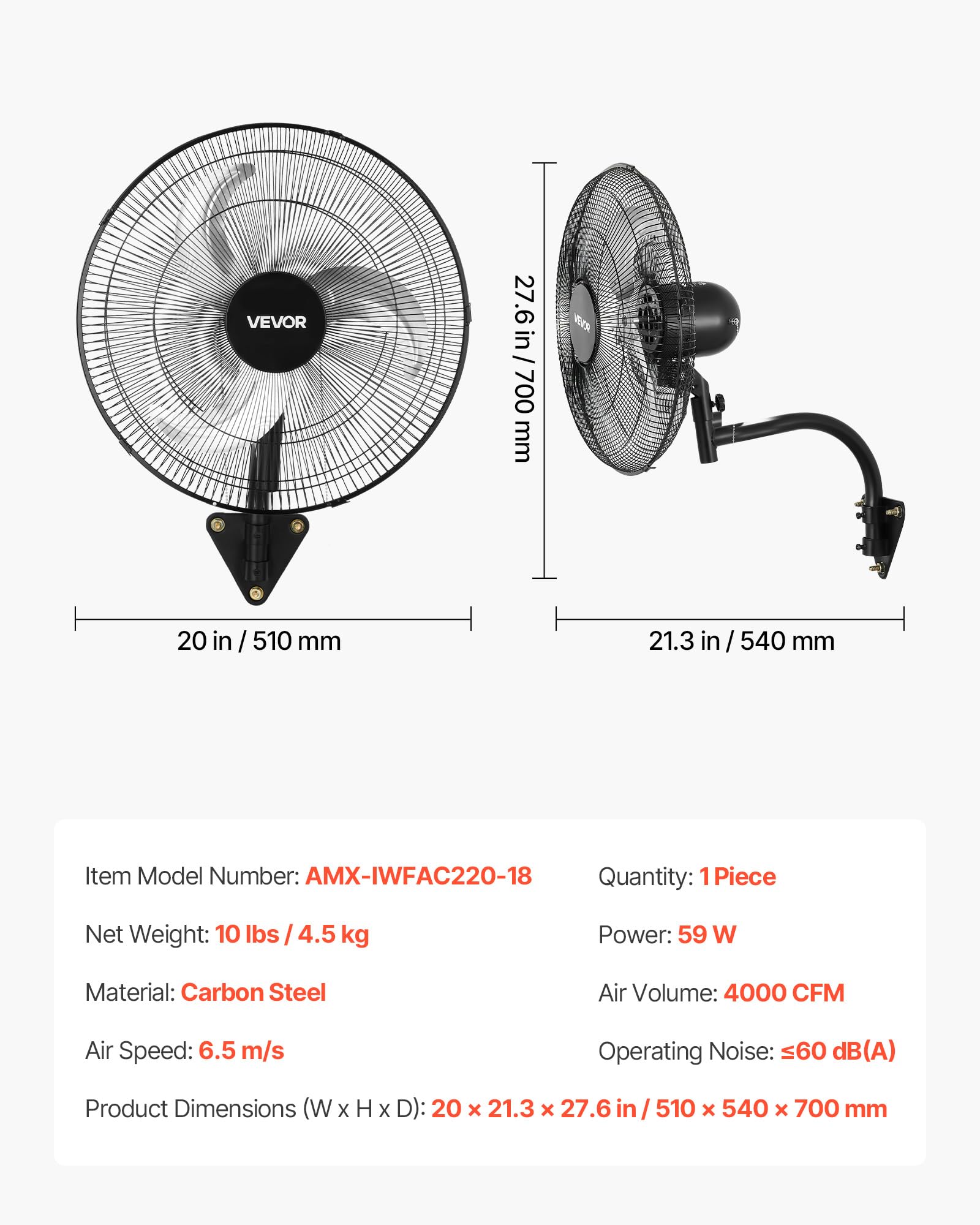 VEVOR Ventilatore da Parete Industriale, 457 mm, Ventilatore Oscillante a Muro, 3 Velocità, Flusso d'Aria Potente, Angolo Regolabile, Adatto per Officine, Garage, Palestre e Ambienti Commerciali