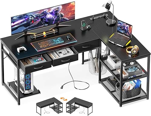 Miniatura 1 de AODK Escritorio para computadora en forma de L de 53 pulgadas con cajones de tela, escritorio esquinero con tomas de corriente y soporte móvil para