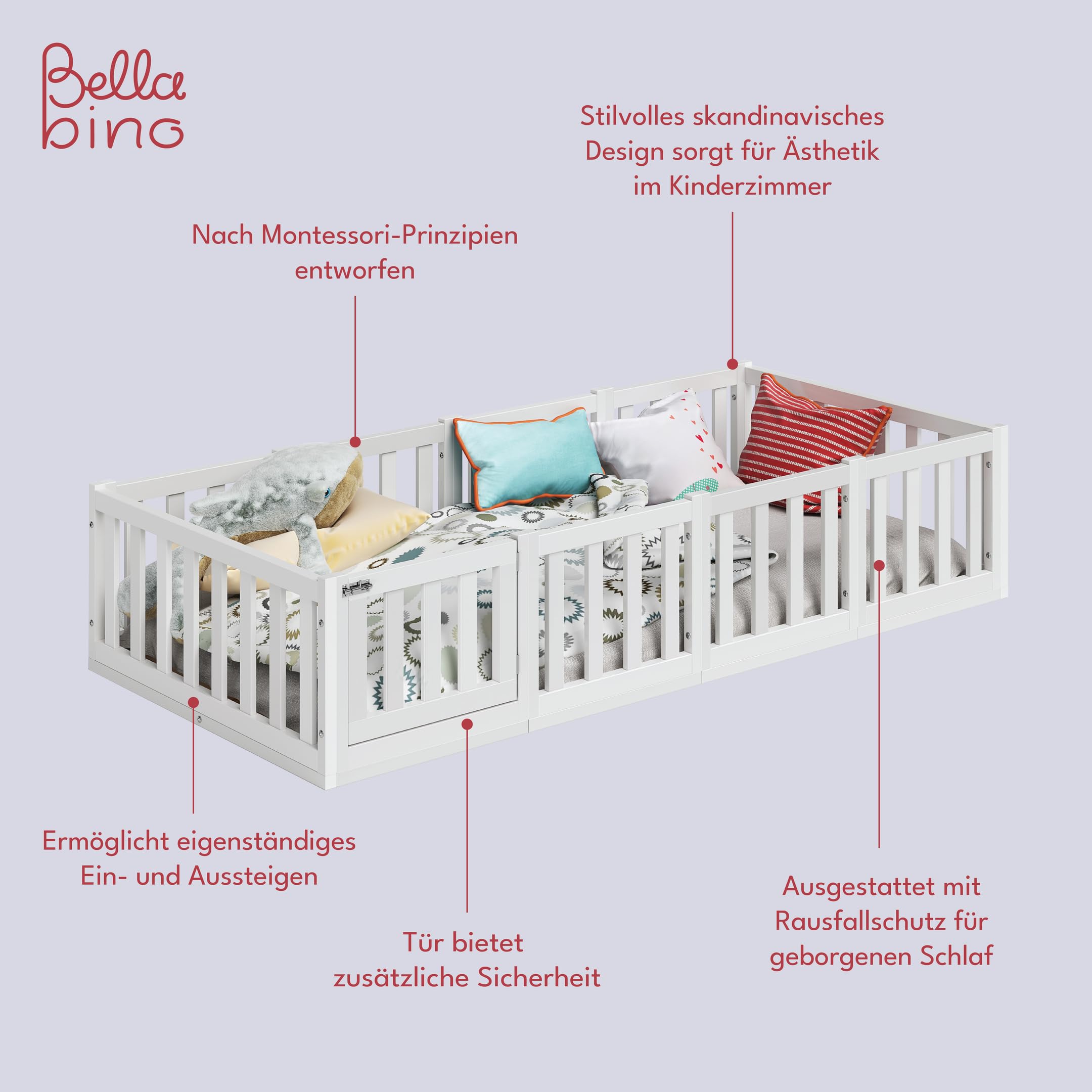 Bellabino Tapi Bett 90x200 cm, Kinderbett mit Rausfallschutz und Tür, inklusive Lattenrost, Montessori Bodenbett für Jungen und Mädchen aus Kiefer Massivholz, weiß lackiert, Bed