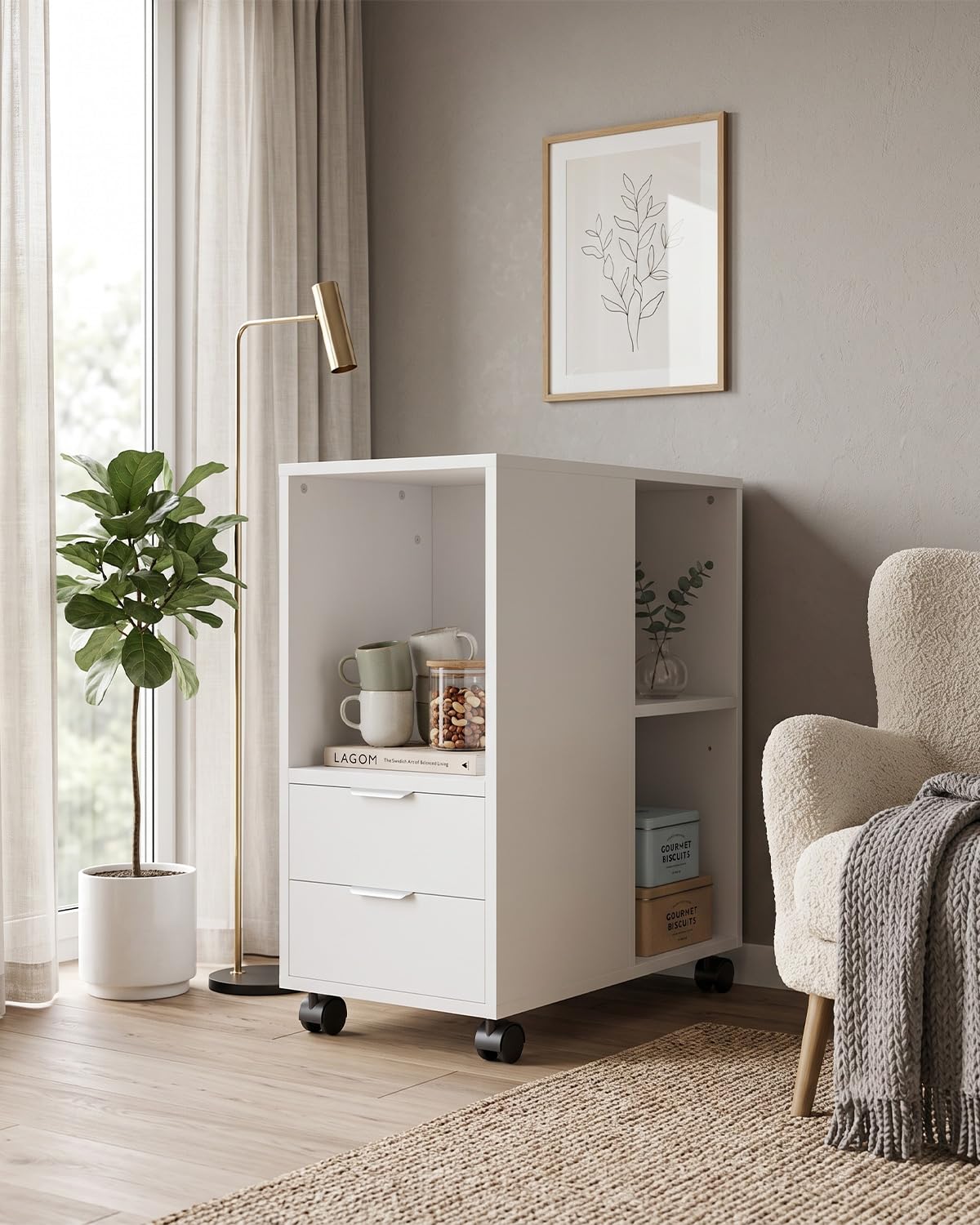 Rollcontainer Aktenschrank, Büro Schubladenschrank Untertisch, Weiß