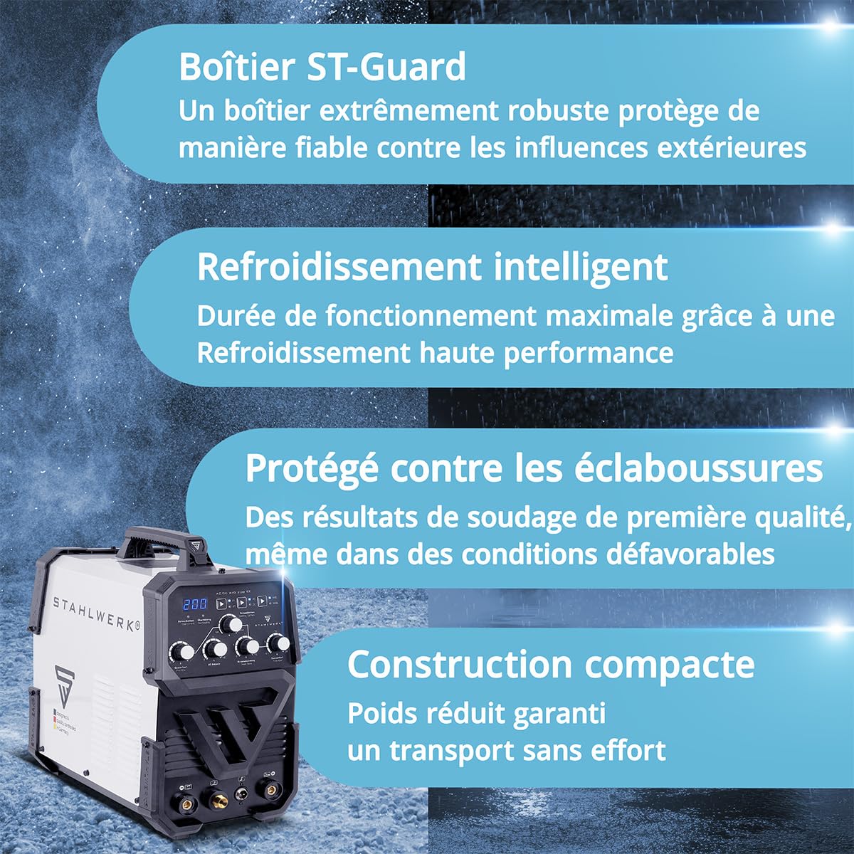 STAHLWERK Poste à souder combiné 2-en-1 AC/DC TIG 200 ST – TIG & MMA (ARC) jusqu'à 200 A, amorçage HF, Hotstart, Anti-Stick, mode 2T & 4T, soudage AC TIG pour aluminium, technologie IGBT