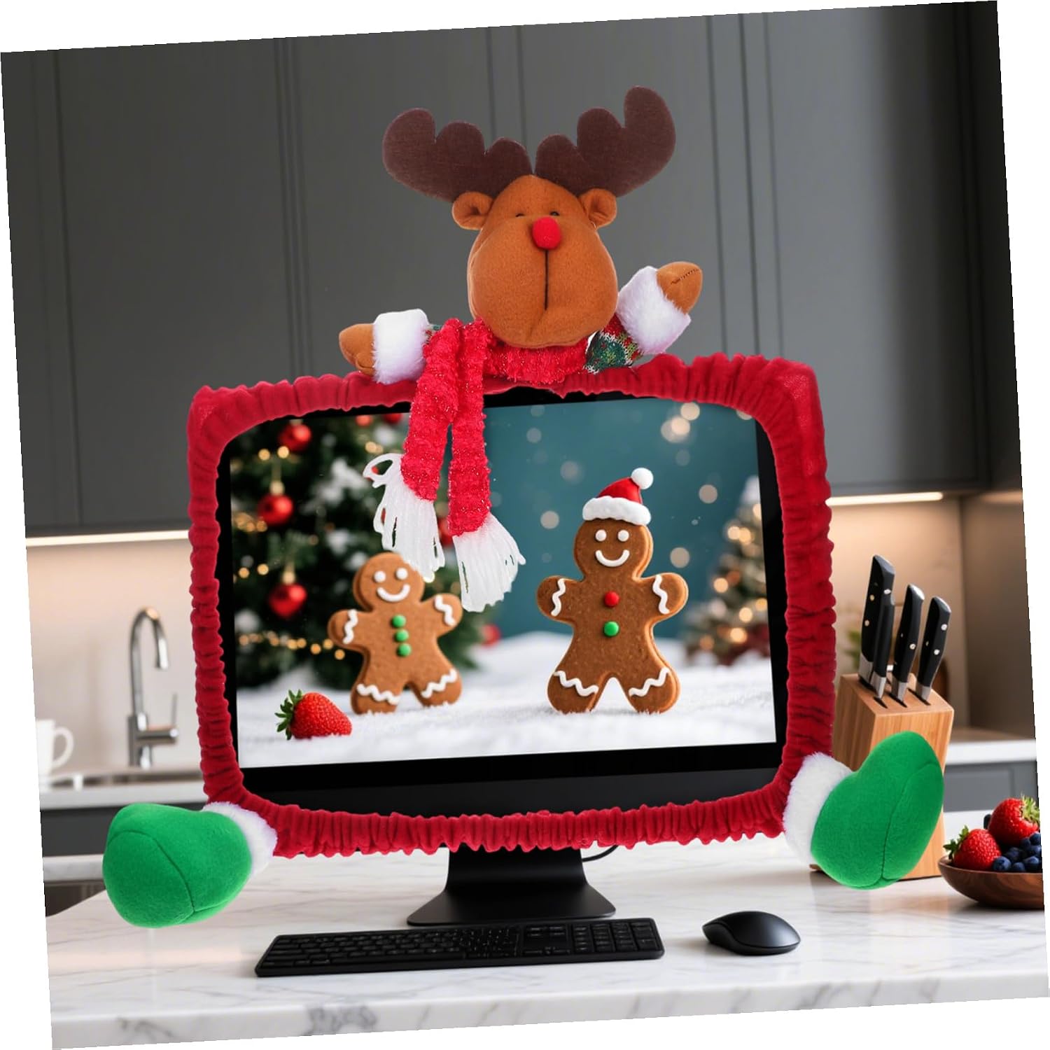 MERRYHAPY 25-35 Inch Computer Monitor Cover Elk Christmas Decor Festive Computer Screen Protector