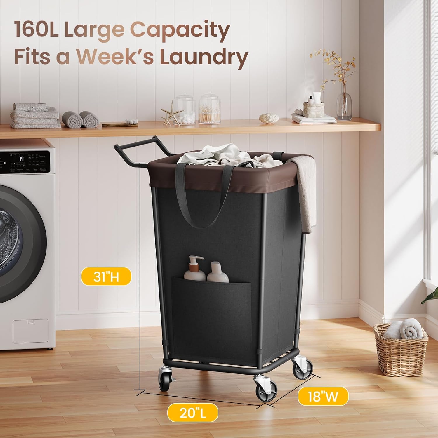160L Laundry Hamper with Wheels and Handle, 2-Section Rolling Hamper for Laundry, Large Laundry Basket with Wheels, Rolling Laundry Basket Clothes Hamper for Home, Bathroom and Dorm(Black)