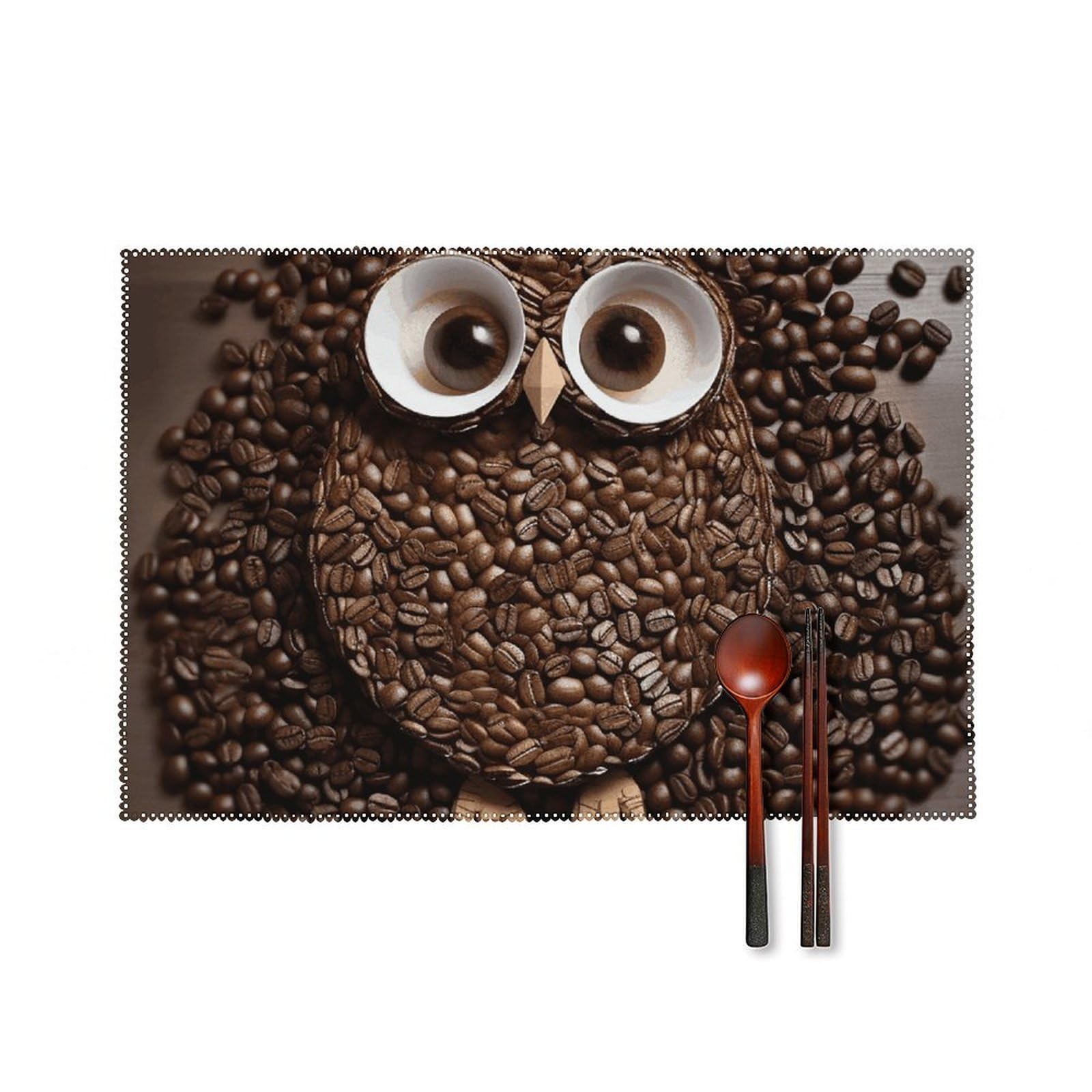 Coffee Bean Owl Placemats Set of 6 Wipeable Table Mats for Kitchen Dining Table Heat Resistant Waterproof Modern Indoor/Outdoor Non-Slip Easy Clean Place Mats