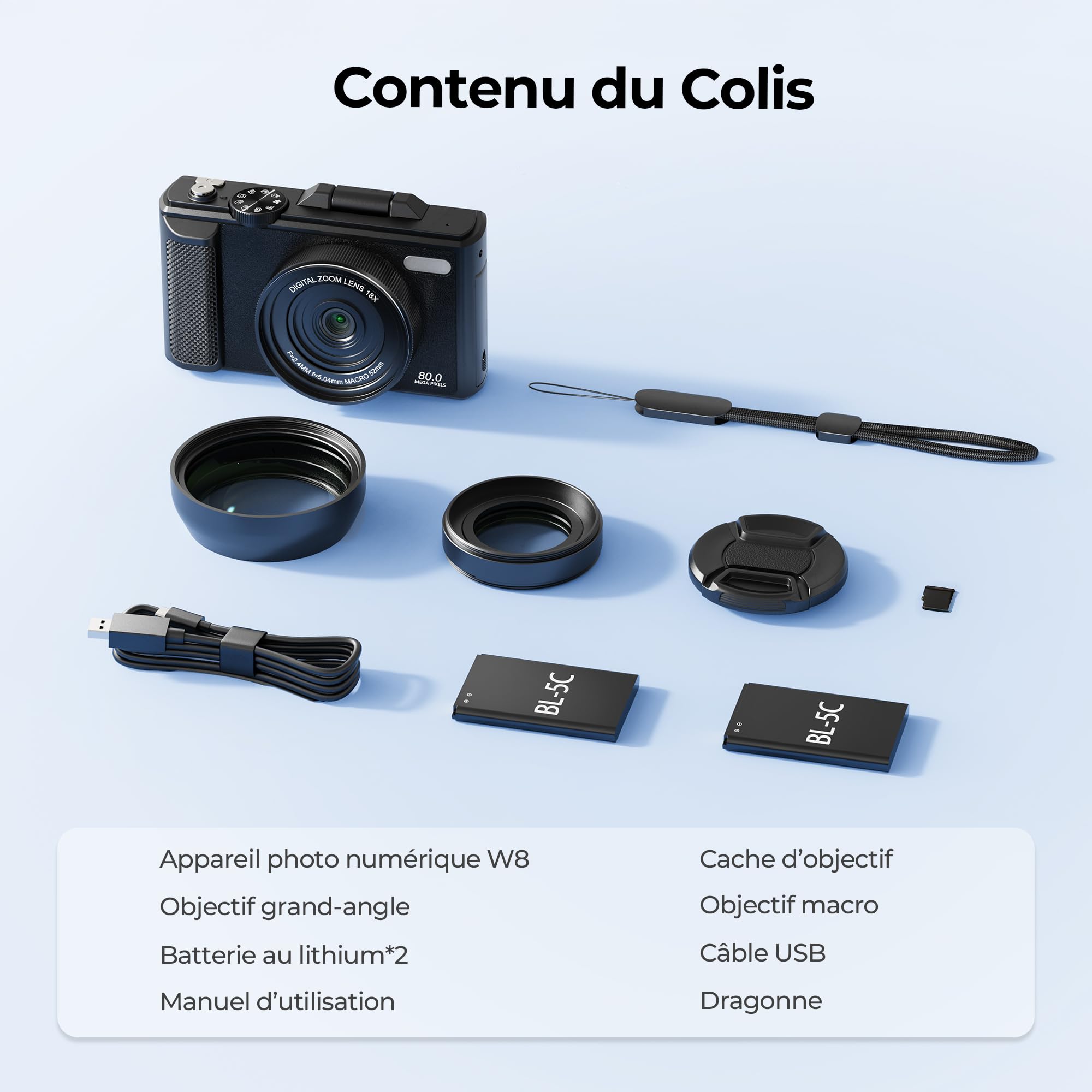 Appareil Photo Numérique 5K 80MP avec WiFi & Autofocus, Caméra Vlogging Youtube, Écran 3" 180° Rabattable, Zoom 18X, Compact Voyage Débutants & Adolescents, INCL. Carte 64GB & 2 Batteries