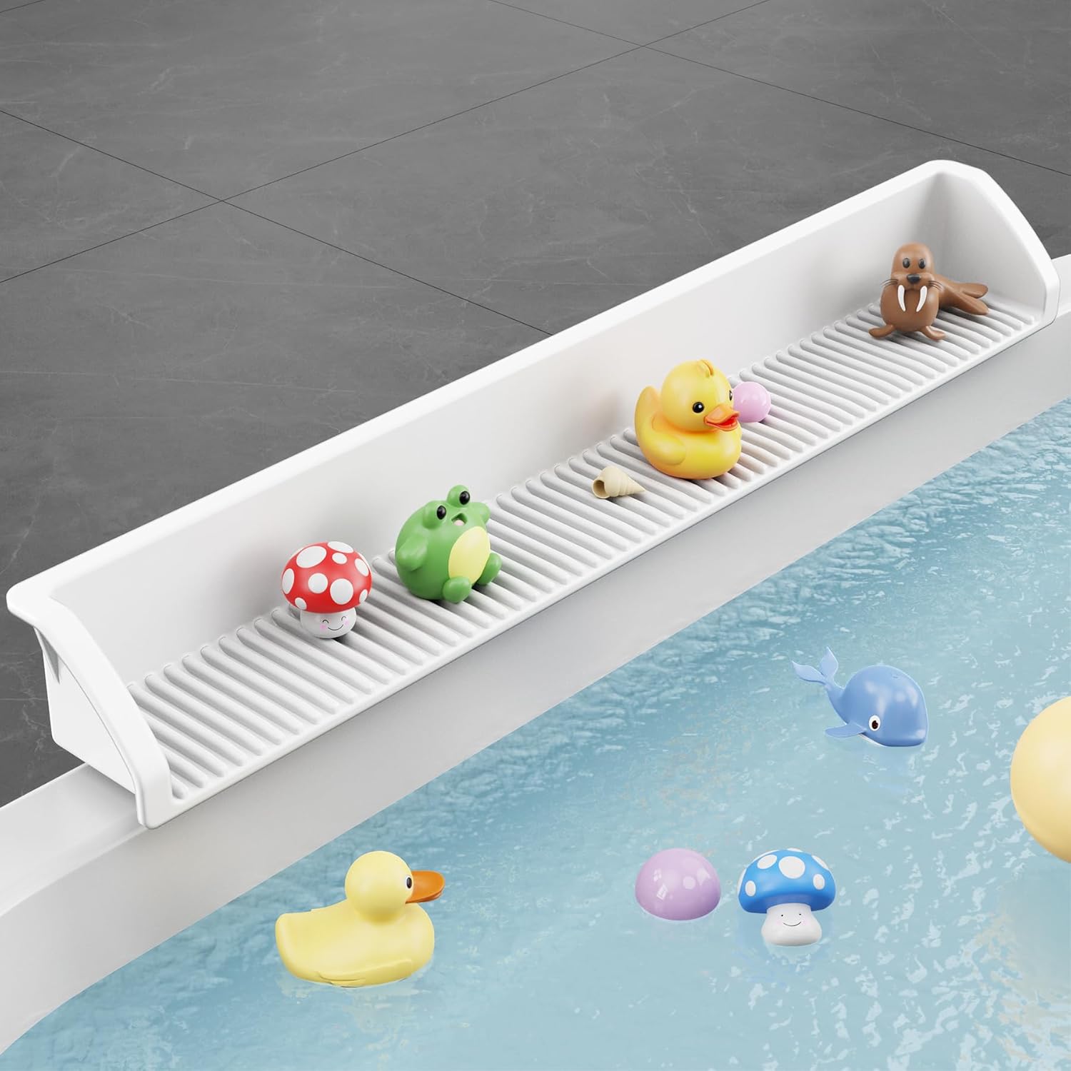 3 Ft Bathtub Splash Guard for Tub Kids, Bath Tub Toy Holder Storage Play Shelf, Longer Silicone Water Splash Guard for Bathtub with Strong Suction Cups, No Mess Water Spill in Bathroom, White