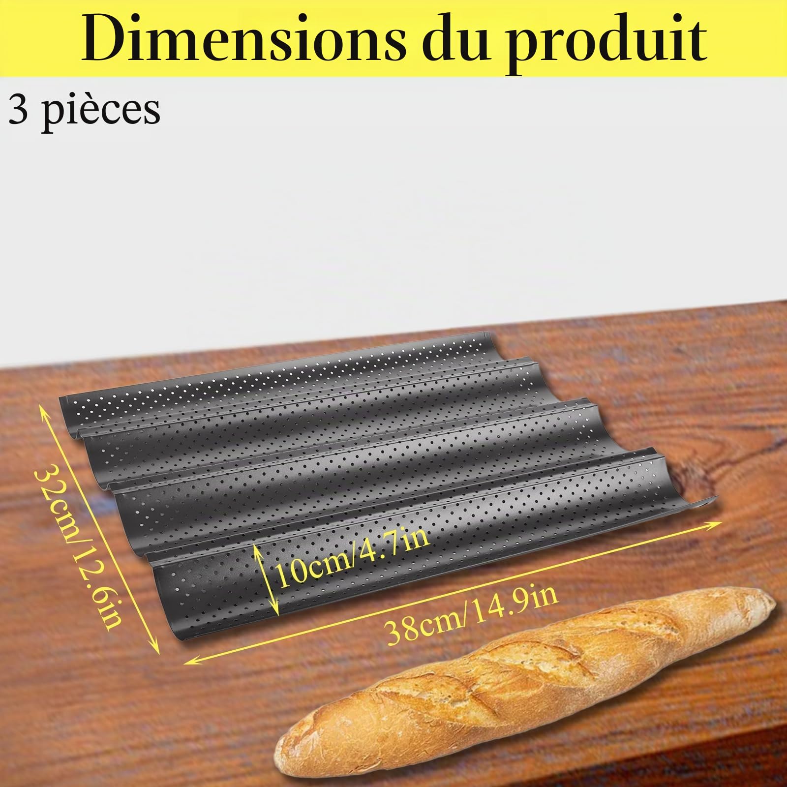 WOPPLXY 3 Pièces Moule a Baguette de 4 Créneaux, Noir Moule Baguette Four de 38 x 32cm, Moule à Pain en Acier au Carbone pour 4 Baguettes