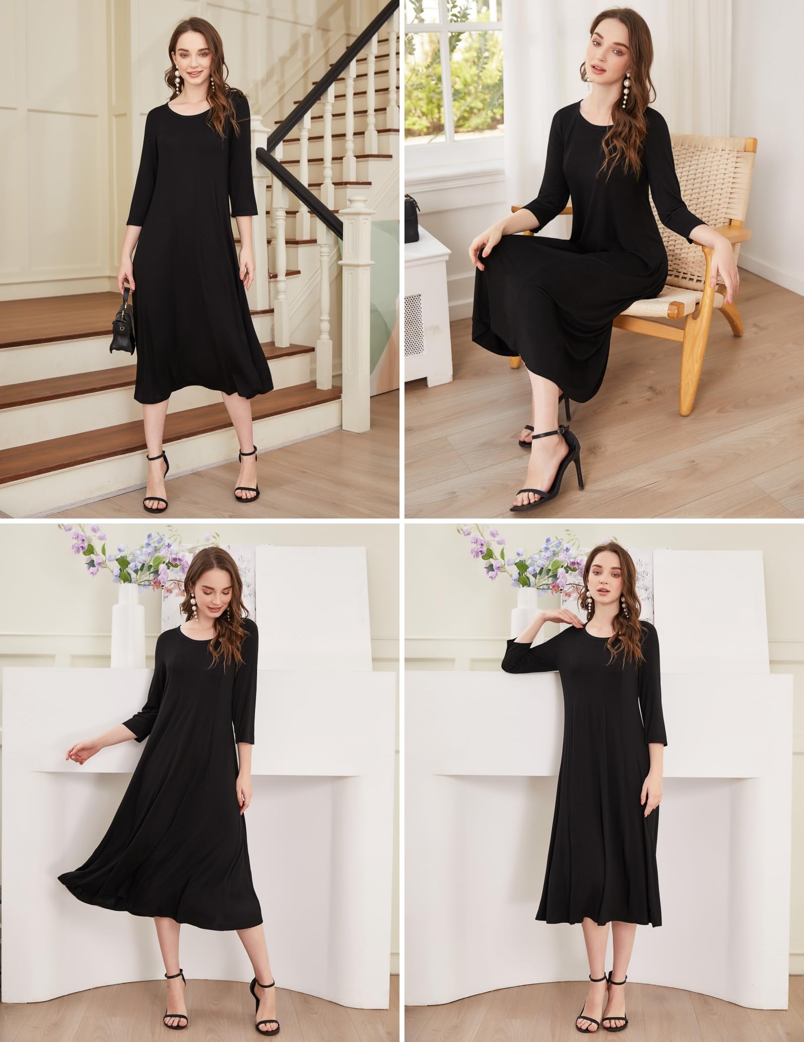 Hotouch Robe tunique élégante pour femme - Col rond - Manches 3/4 - Coupe trapèze - Avec poches - Taille S à 3XL