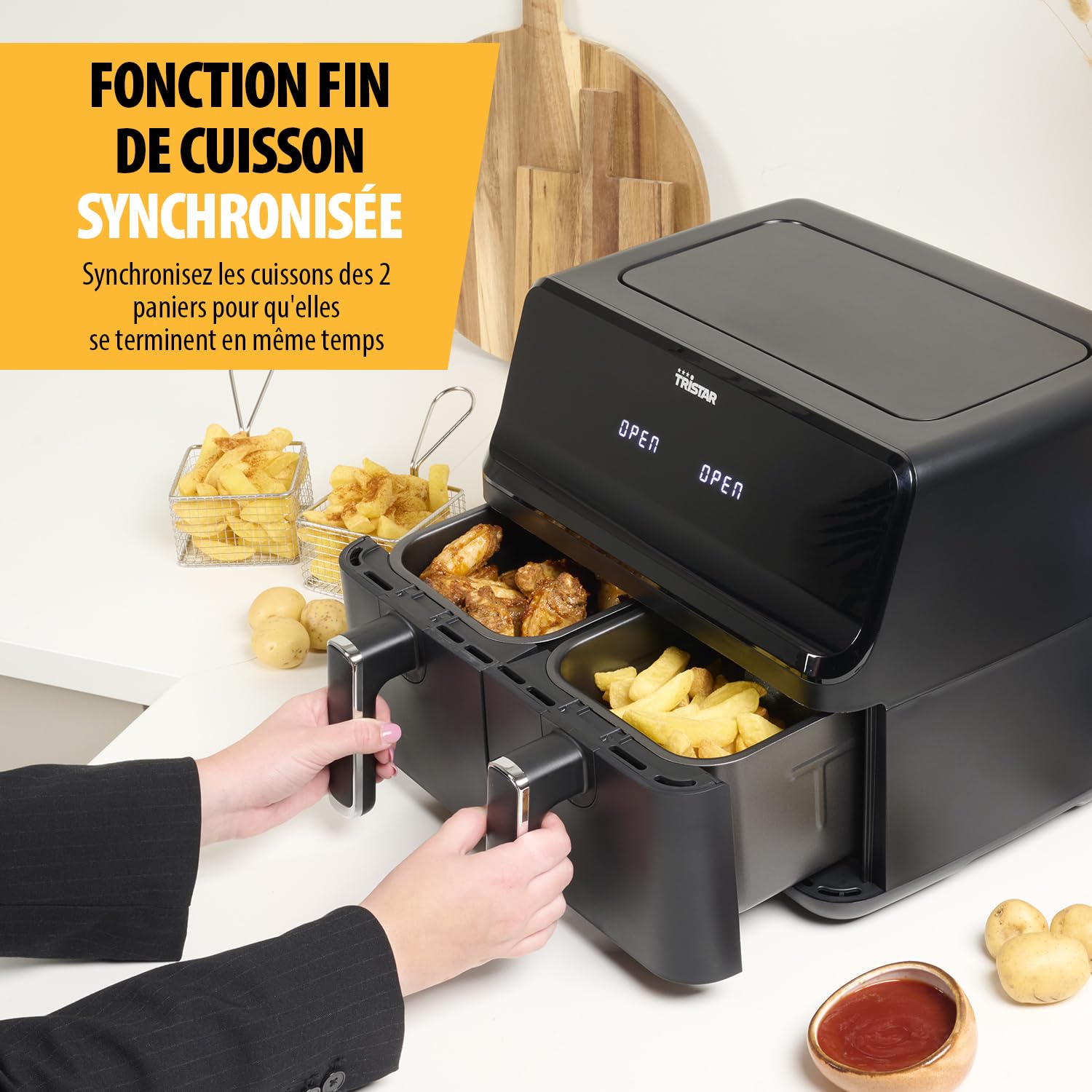 Tristar Airfryer Double Panier - Capacité 2 x 4 L - 2700 W - 8 programmes - Température réglable par panier, Noire